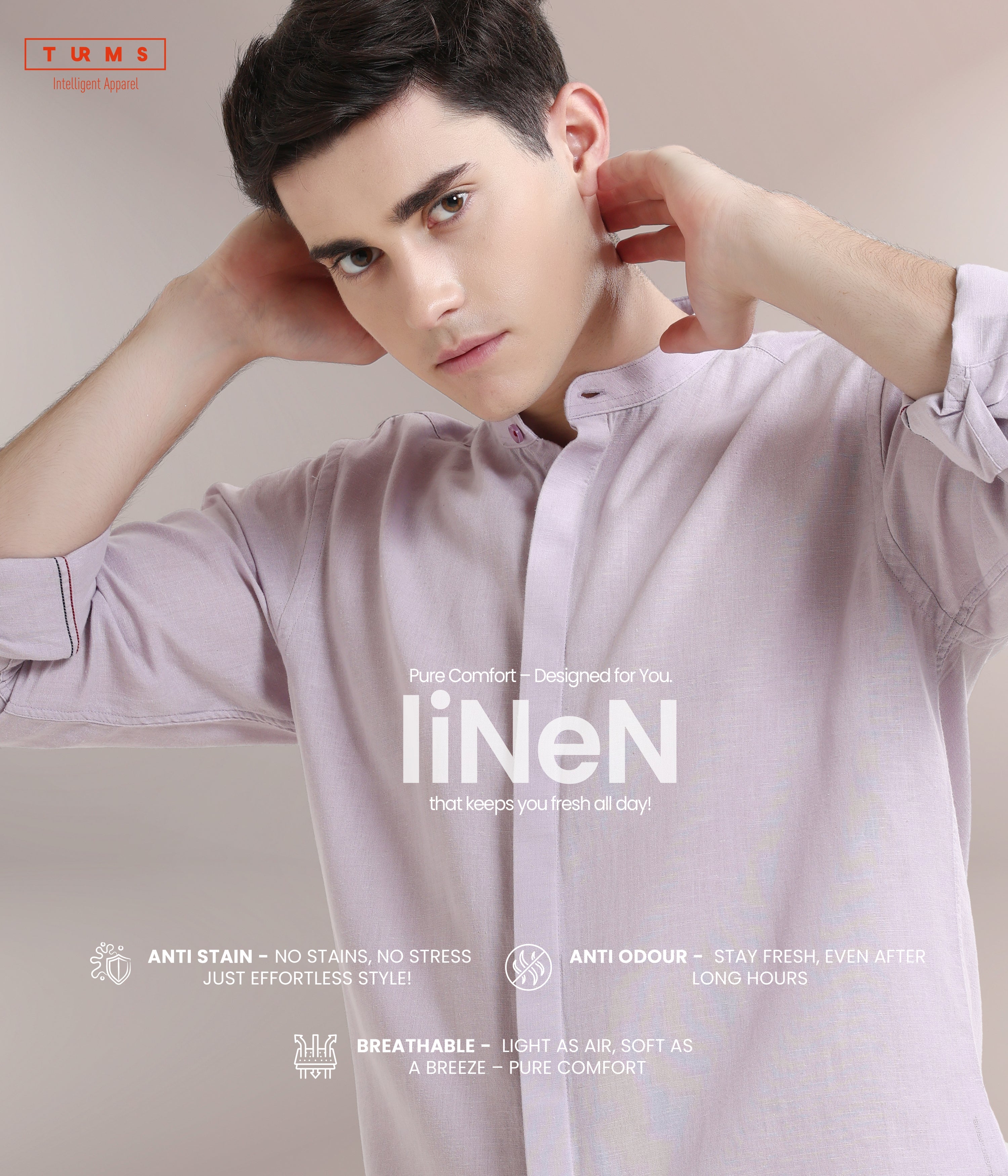 Man wearing a maroon anti-stain, anti-odour linen shirt with mandarin collar, showcasing Turms intelligent apparel.