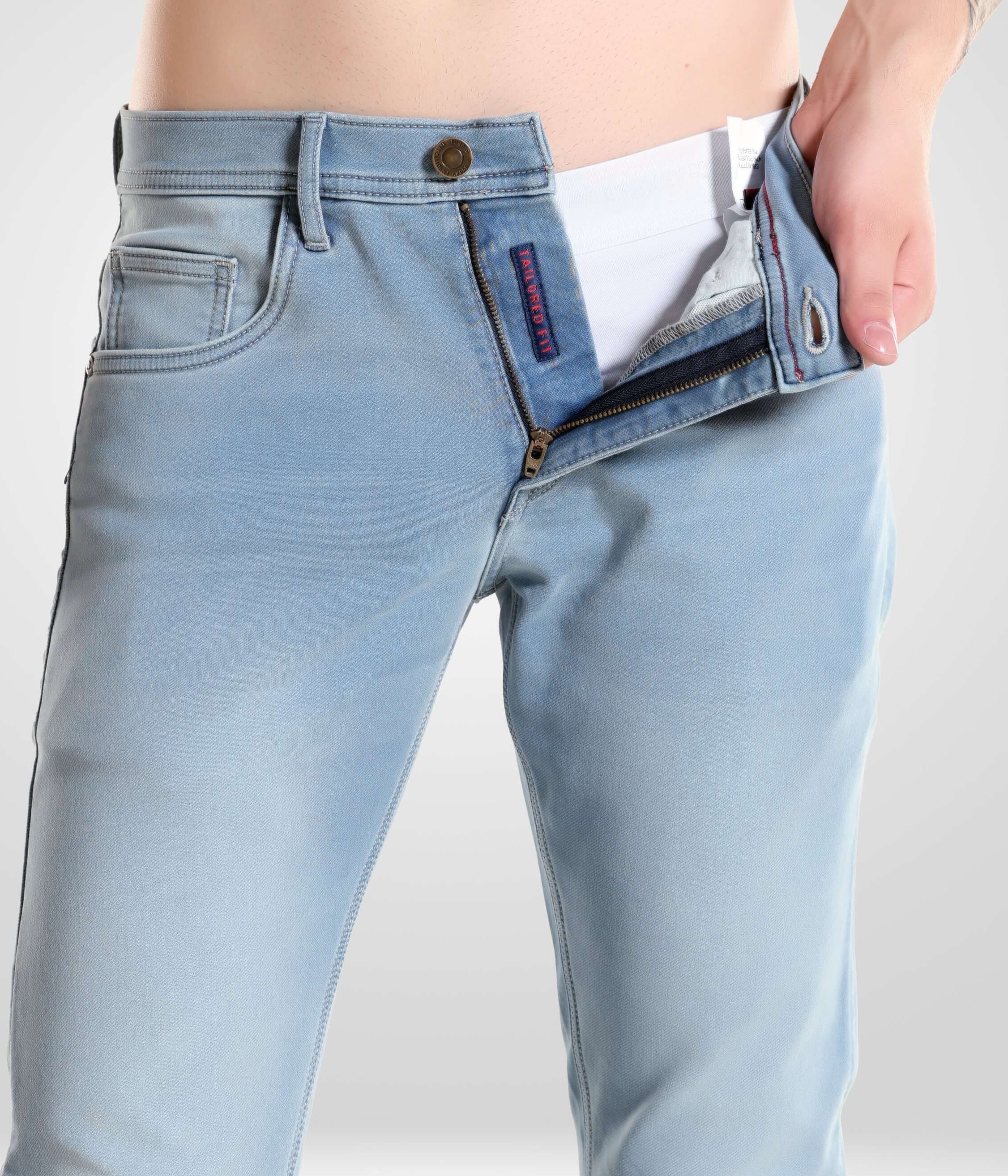 Light blue Quantum Blue high-performance denim pants by Turms Intelligent Apparel, menswear best brand