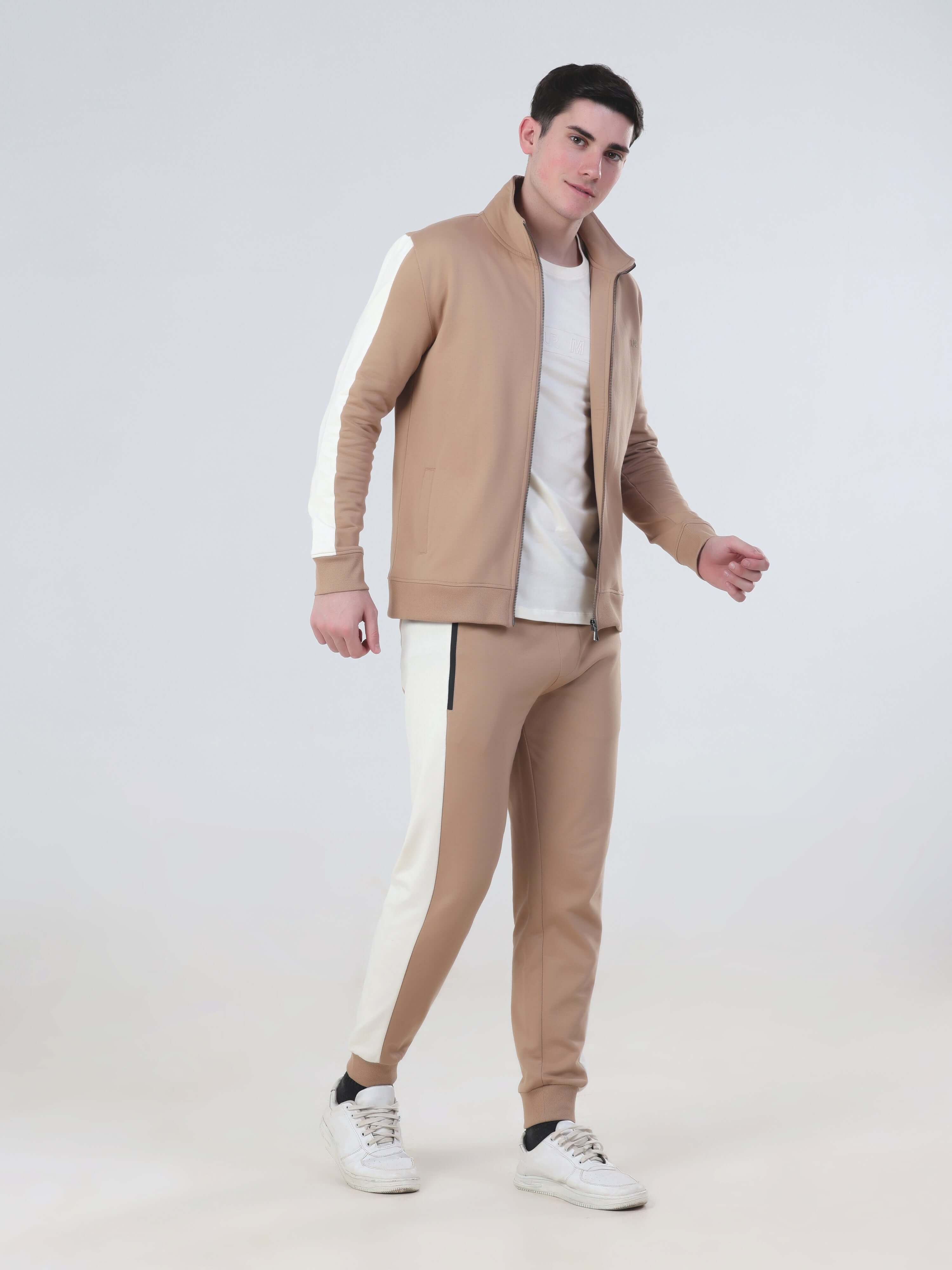 Turms Intelligent apparel co ord set for men, featuring a beige jacket and joggers, stylish and water resistant.