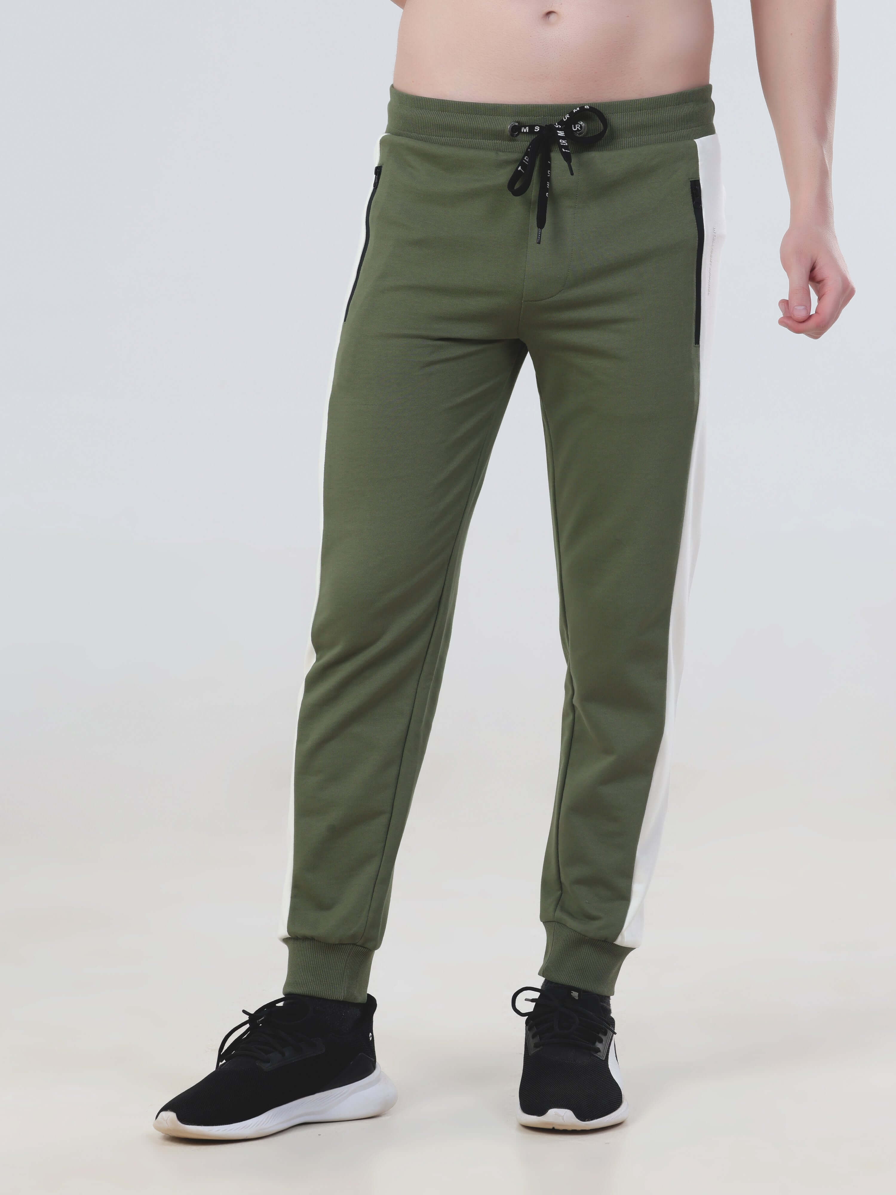 Turms Intelligent co ord set men and women, olive green joggers with white stripes, water resistant, anti-odour.
