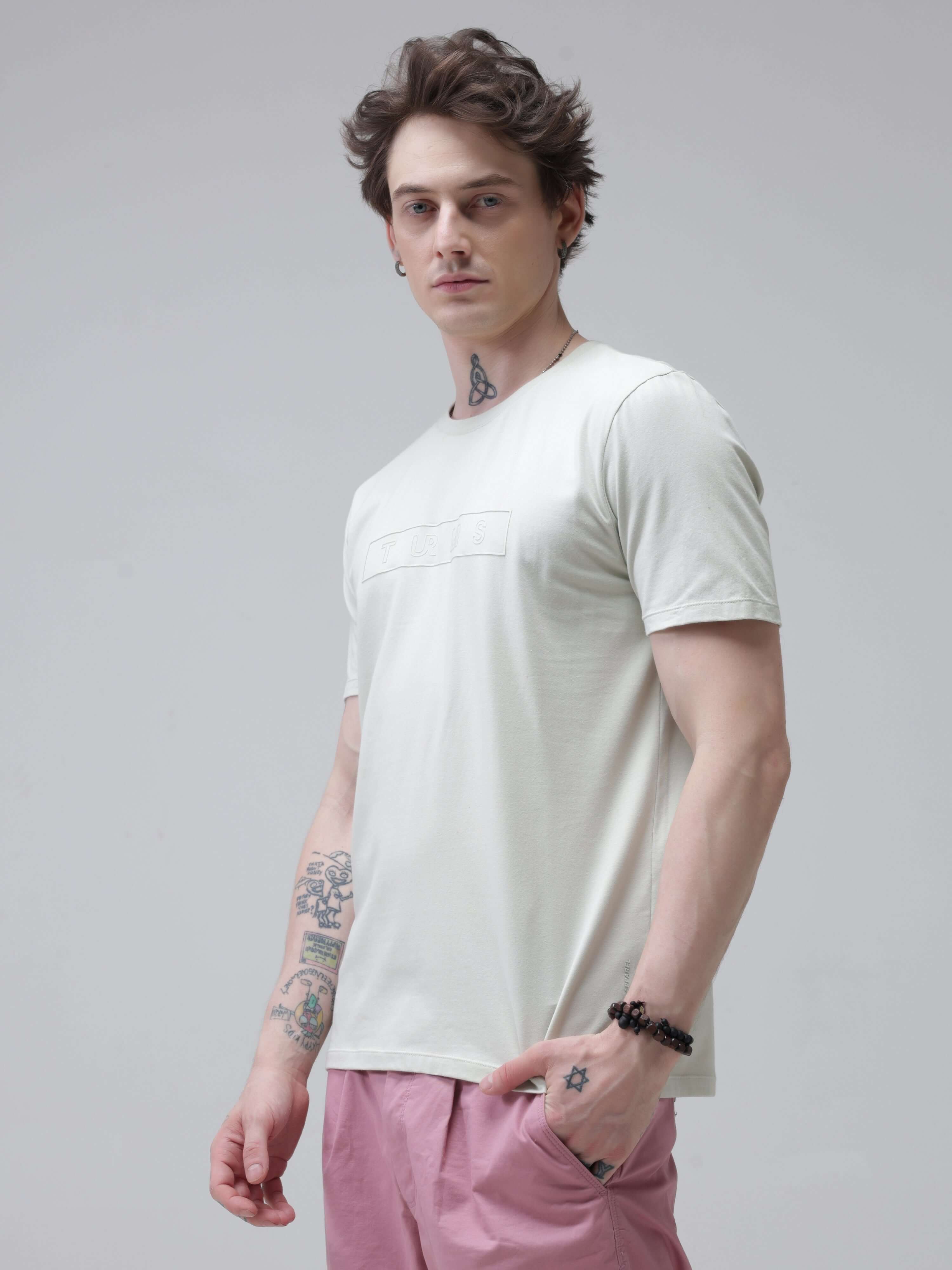 Man wearing Turms Lime Enigma round-neck T-shirt, anti-stain, anti-odour, stretchable, intelligent apparel, tailored fit, trending, best.