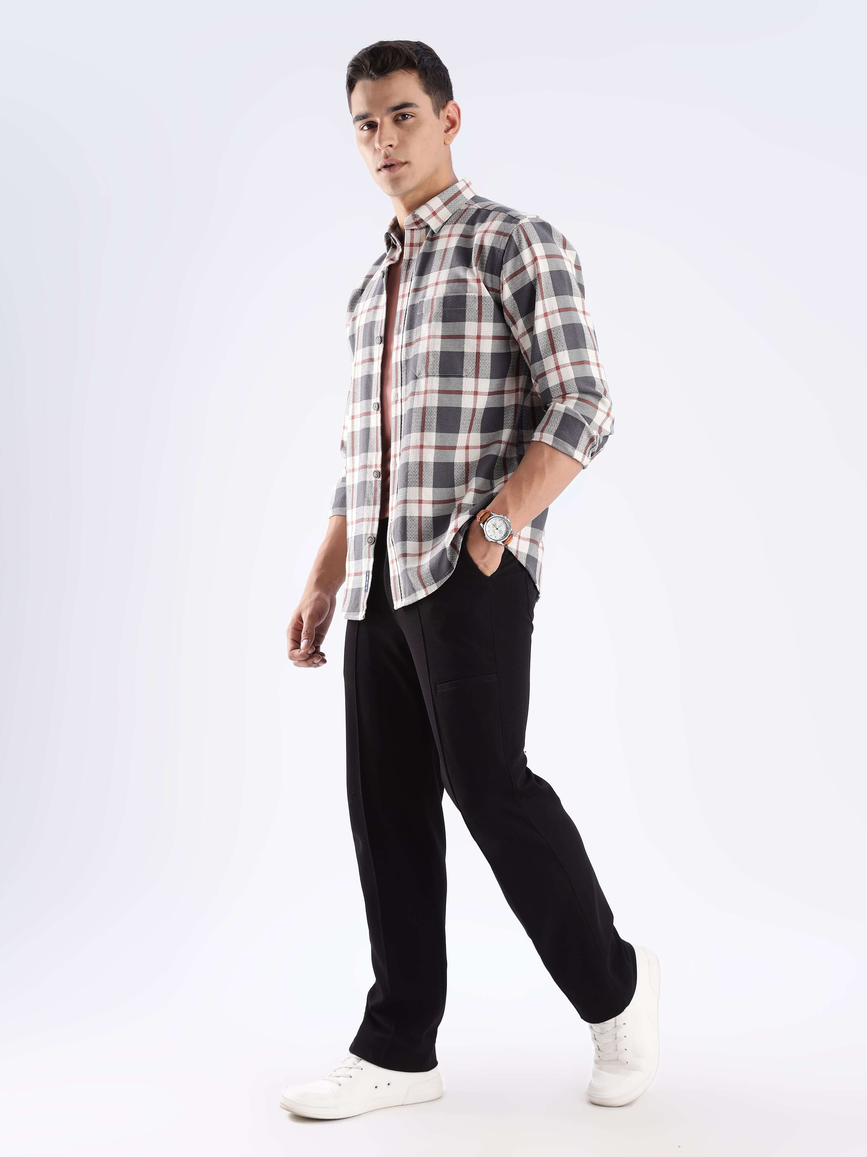 Model showcasing the Turms grey recycled cotton checked shirt with a stylish and modern look.