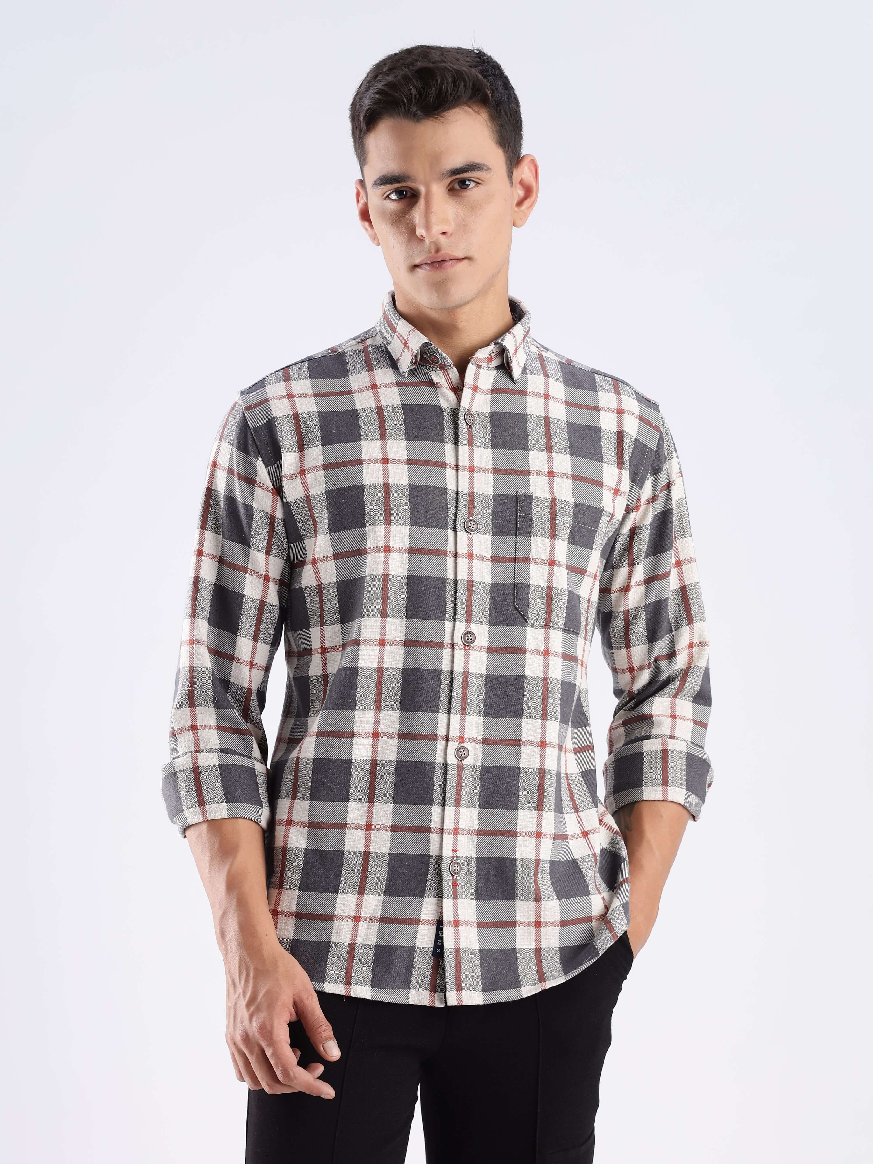 Men's grey checked shirt made from recycled cotton, featuring anti-odor and water-repellent technology.