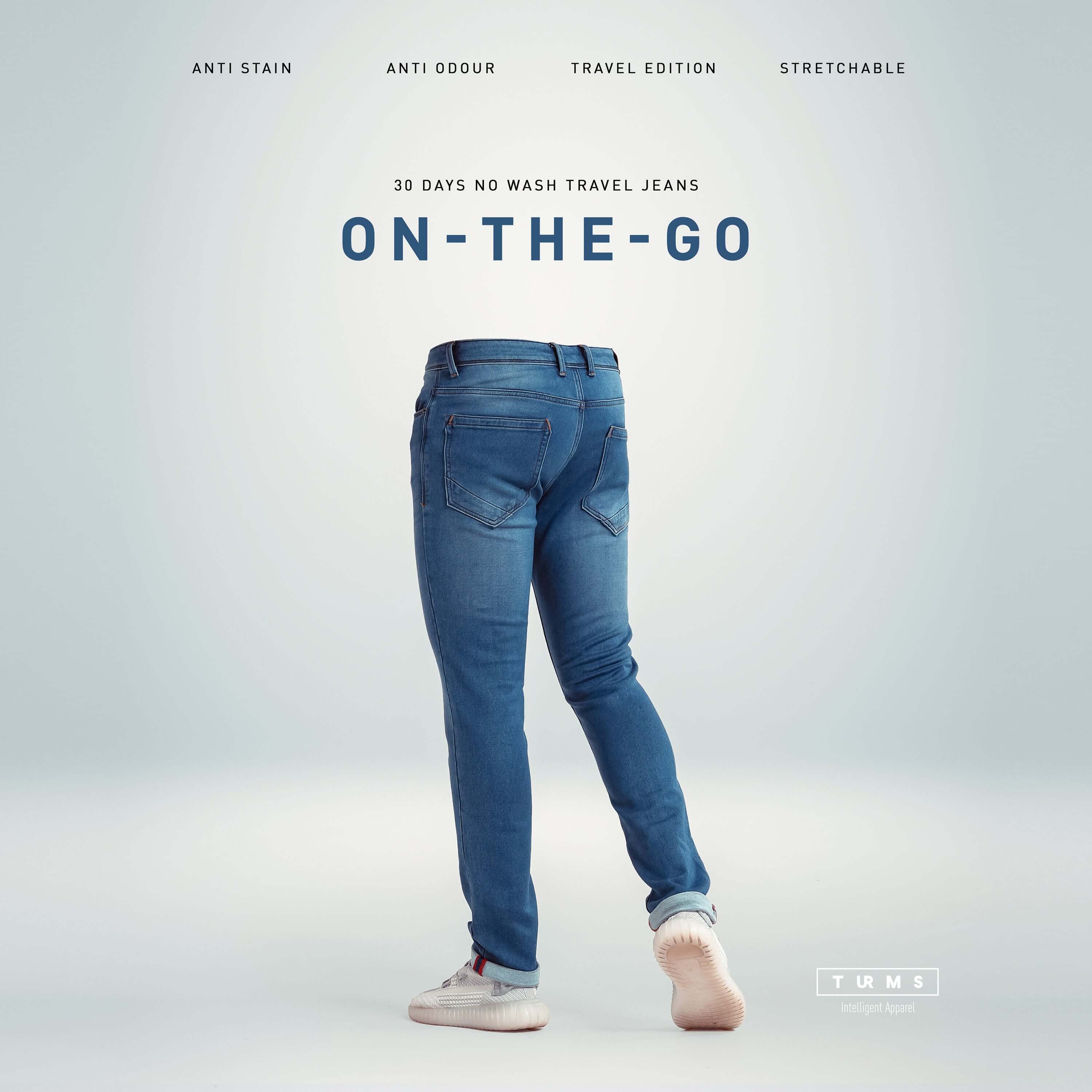 Turms intelligent apparel showcasing on-the-go travel jeans featuring anti-stain, anti-odour, and stretchable technology.