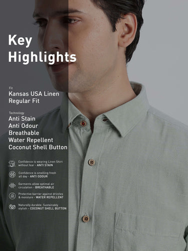 Canary Green - Turms Intelligent Linen Luxe Shirt highlighting anti-stain, anti-odour, breathable features.