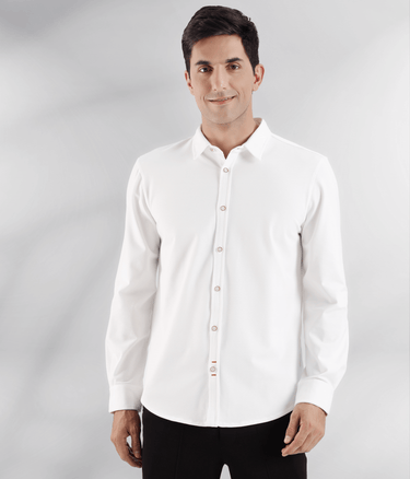 White Willow - premium white knitted shirt from Turms Intelligent Apparel, anti-stain, 8 way stretch, and comfortable fit.