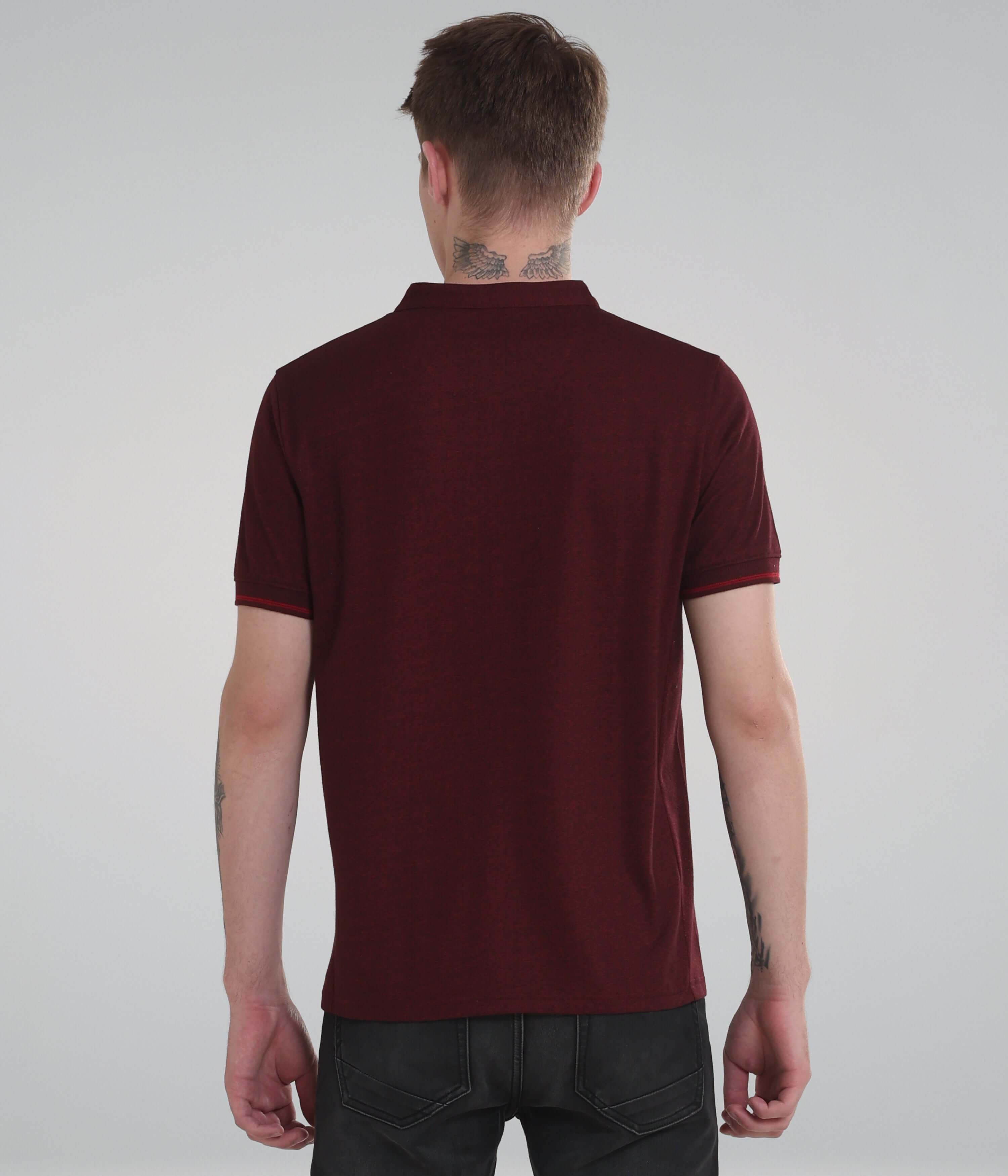 Back view of a maroon men's Henley collar t-shirt featuring anti-odour and moisture control technology.