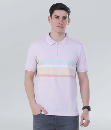 Lavender Breeze Zipper Polo shirt for men, featuring pastel stripes and crafted from sustainable cotton for comfort and style.
