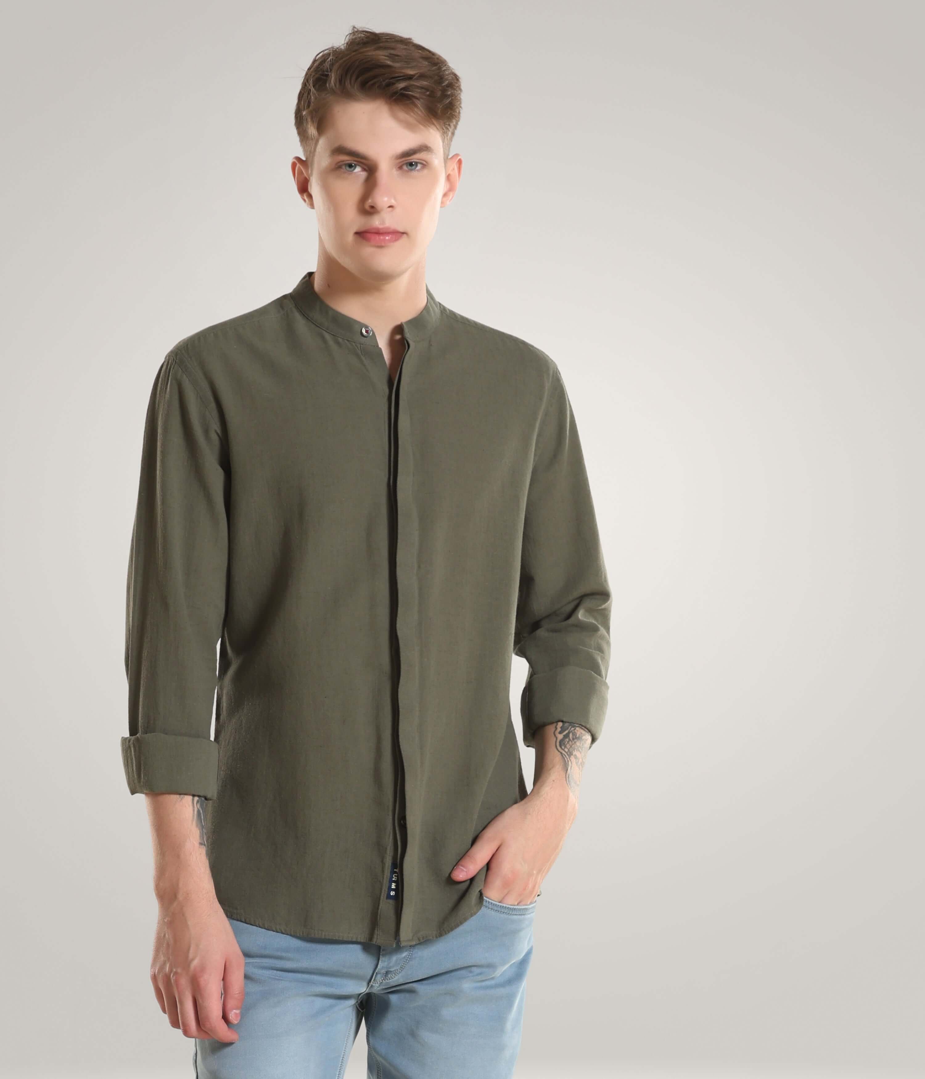 Lichen Green Cotton/Linen Turms Shirt with Mandarin Collar – Premium Clothing, Cooltech, Antistain and Anti Odour Intelligent Apparel