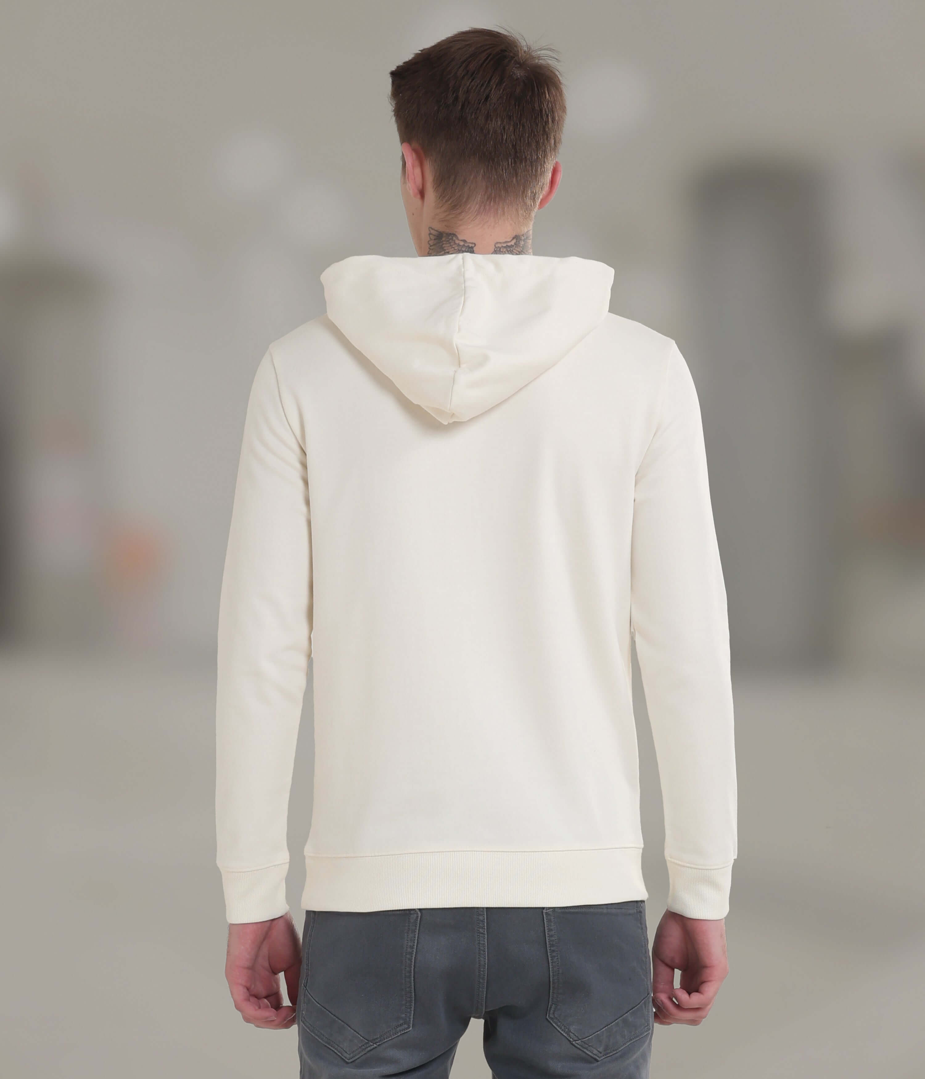 Back view of a cream-colored Turms Intelligent Hooded Sweatshirt, showcasing stylish and comfortable design.