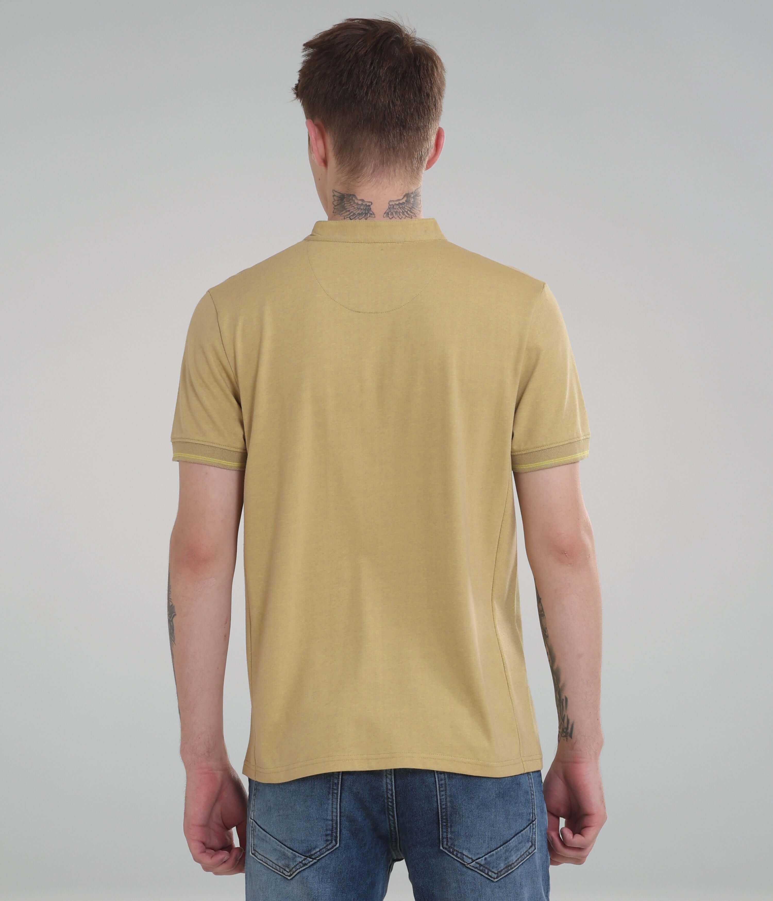 Back view of Mountain Beige Turms Intelligent Henley T-Shirt featuring moisture control and mandarin collar for men.