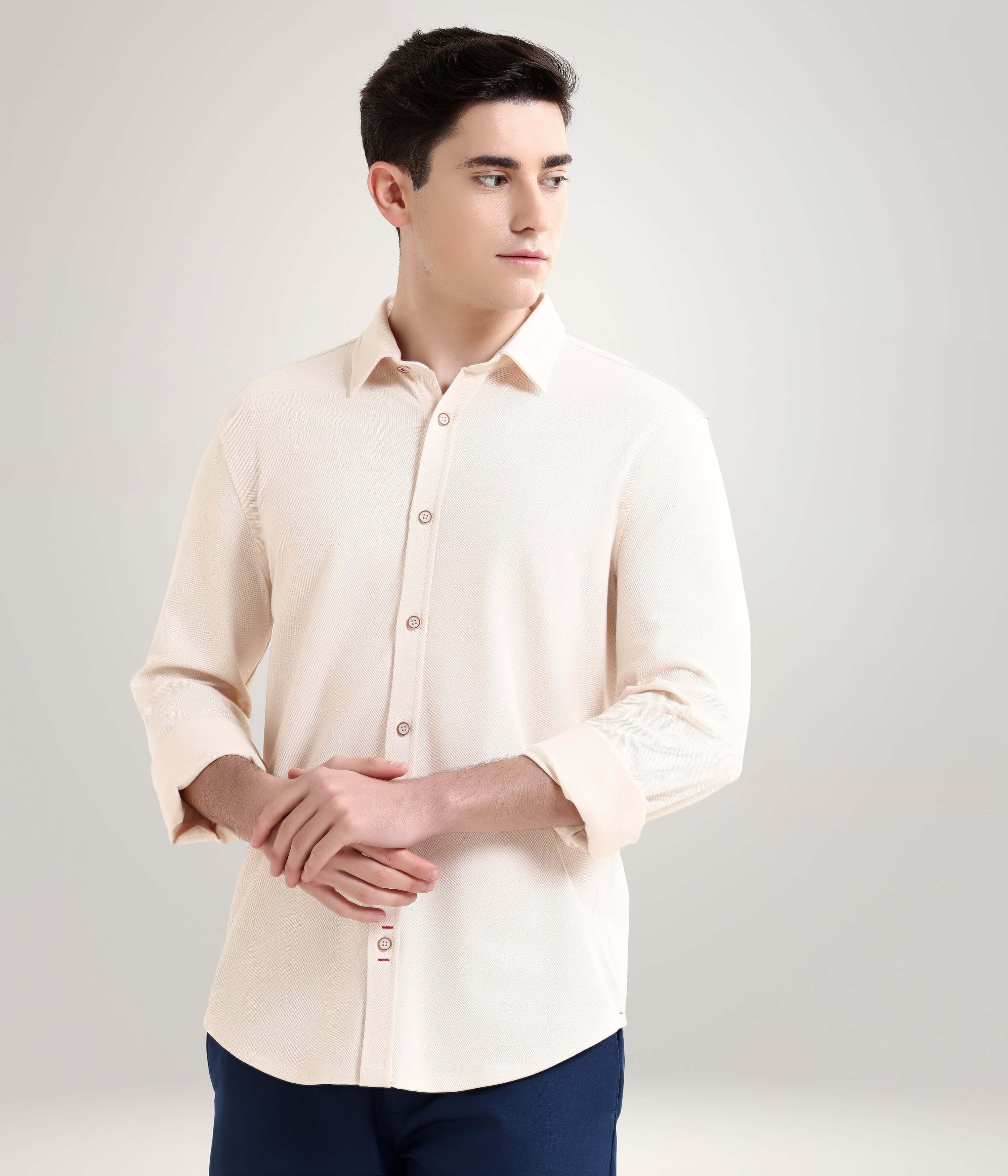 Dusky Beige knitted stretchable shirt for men, premium menswear with anti-stain and anti-odour features, best stripe shirt for style.