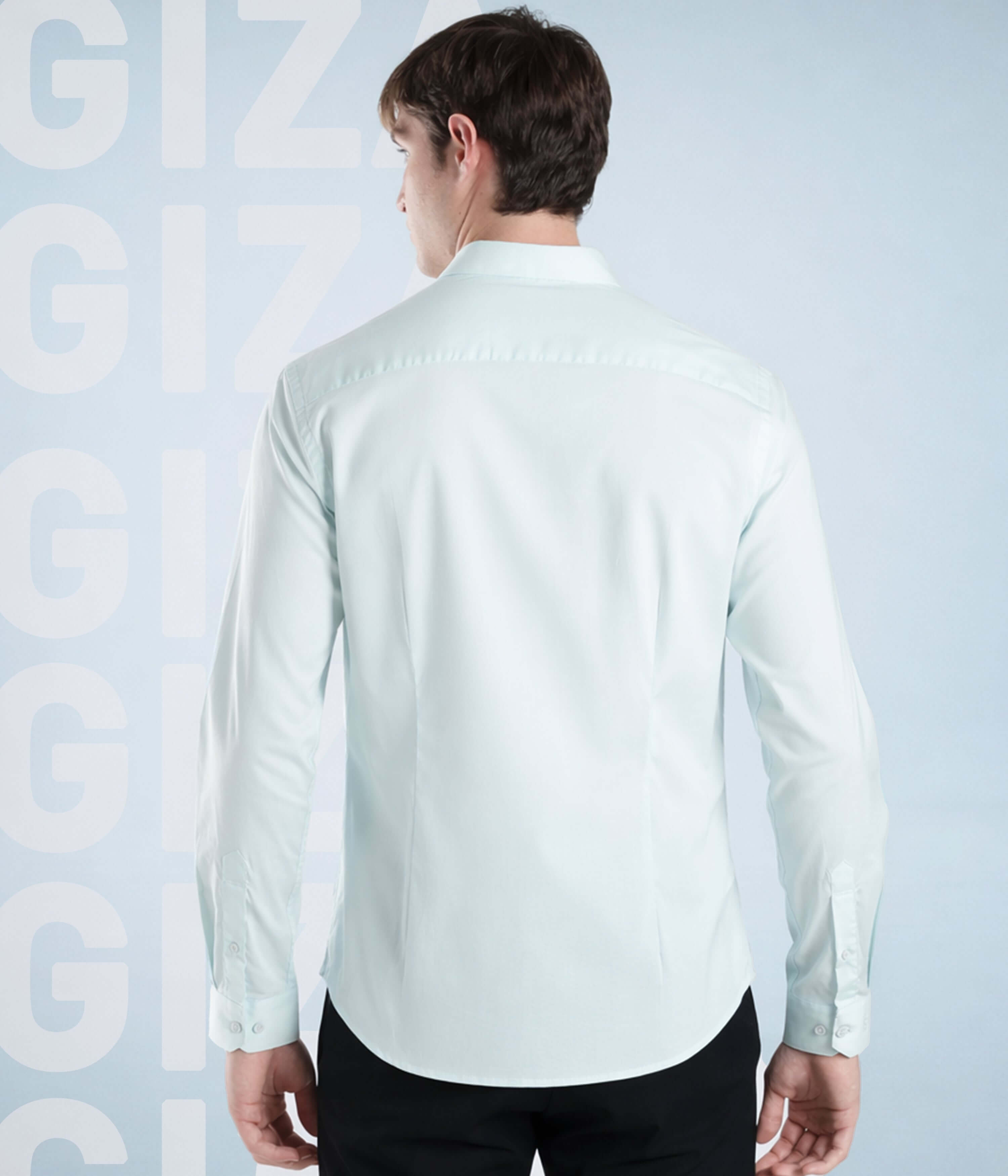 Man wearing Skyblue Luxe shirt, showcasing the back design, featuring Giza cotton fabric for everyday luxury.