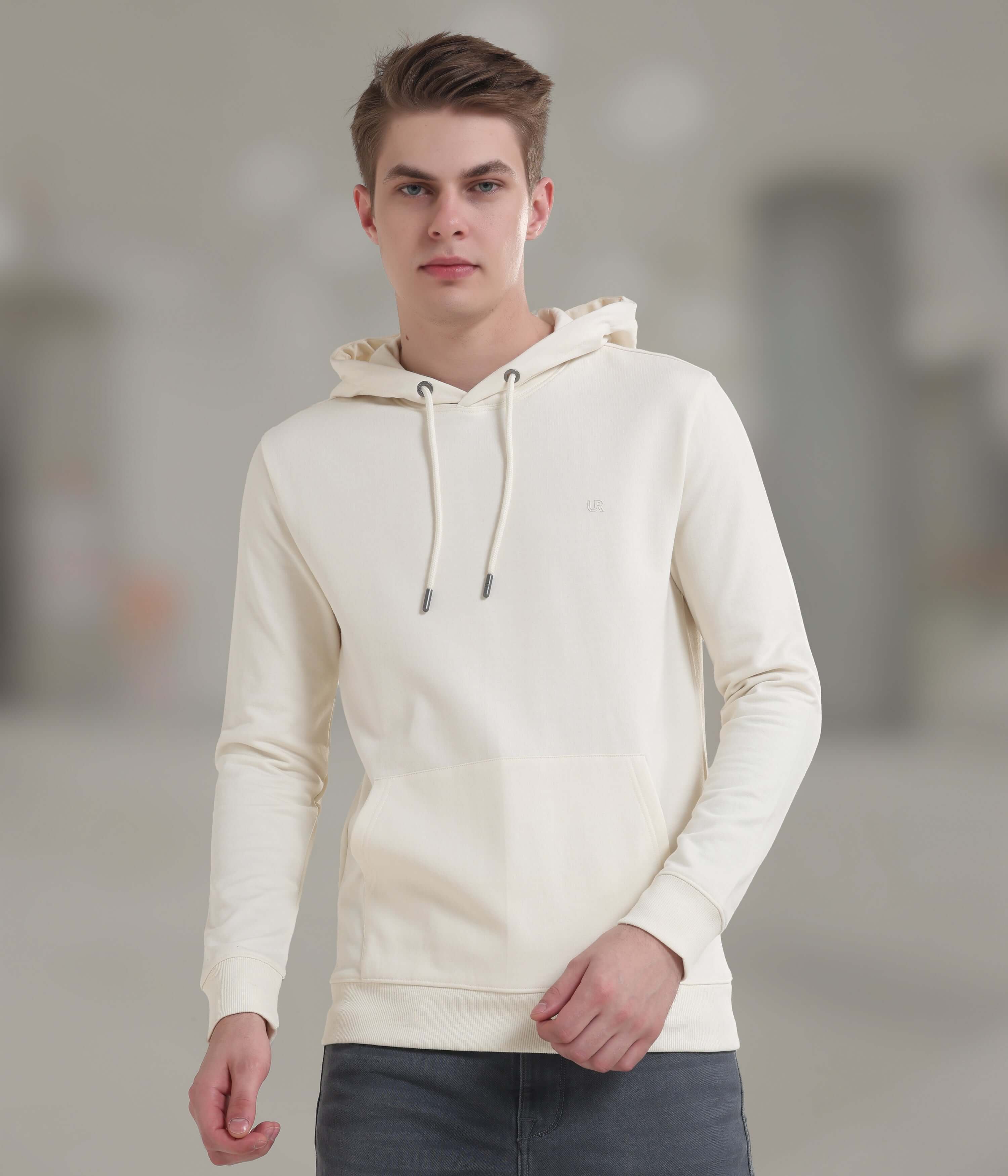 Stylish cream hooded sweatshirt for men, featuring premium cotton blend, water and stain proof, perfect for everyday wear.