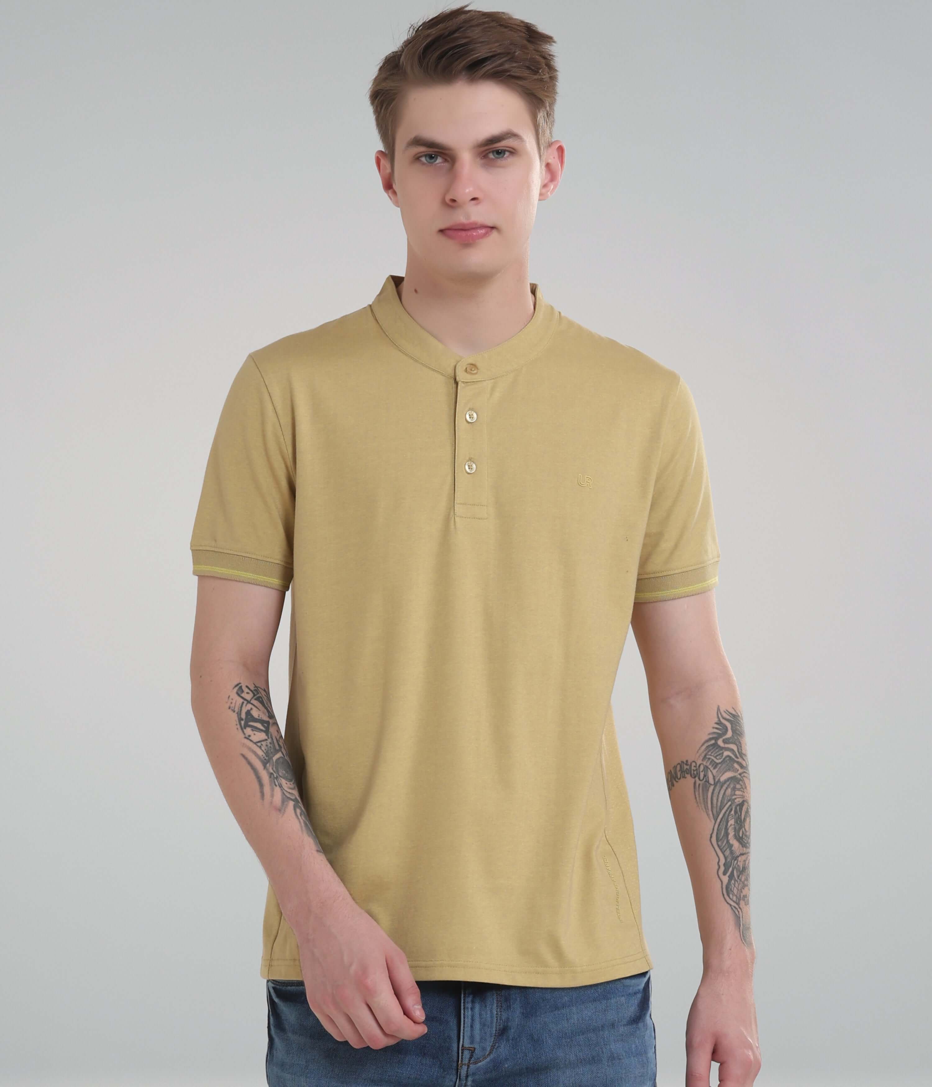 Men's Mountain Beige Henley Collar t-shirt with anti-odour moisture control for style and comfort.