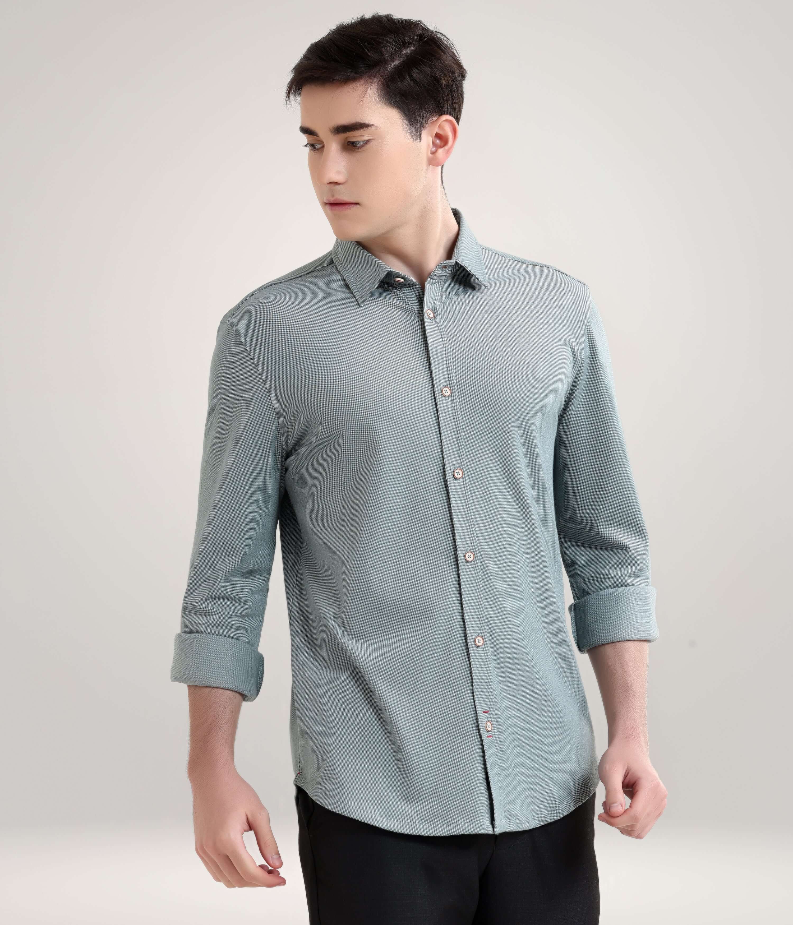 Jadeite Green knitted shirt for men, anti-stain, anti-odour, premium menswear, stretchable and stylish stripe design.