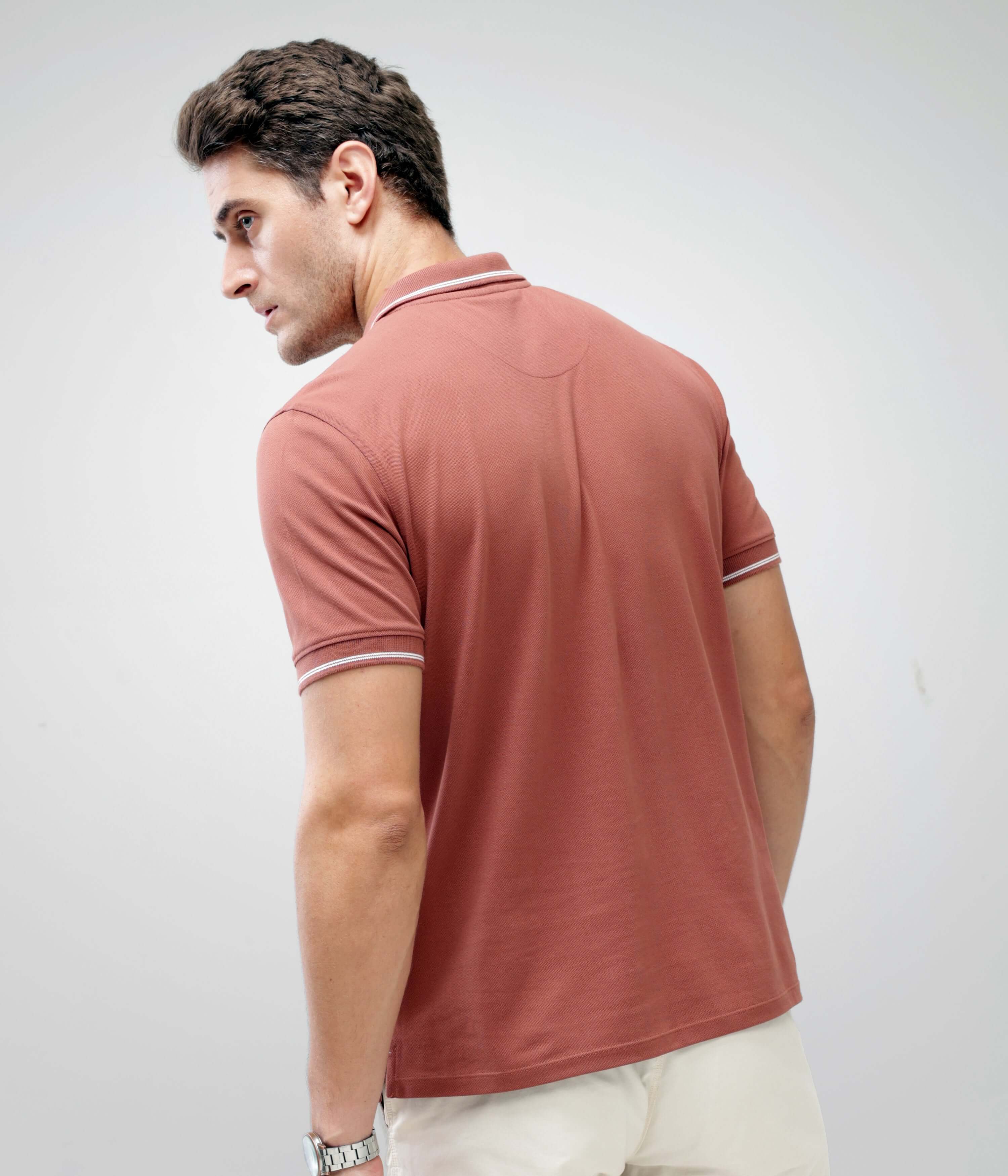 Luxe Cocoa Turms Polo T-Shirt in anti-stain, anti-odor fabric, tailored fit, premium cotton and spandex blend, back view.