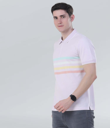Lavender Breeze Turms Intelligent Zipper Polo, stylish and comfortable with pastel stripes, made from recycled cotton.