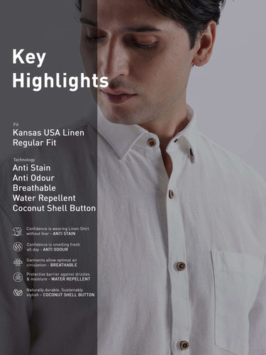 White Elephant shirt features anti stain, anti odour, breathable water repellent technology, showcasing premium linen fashion.