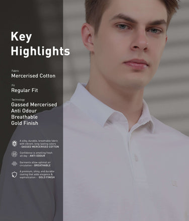 Model showcasing a white mercerized cotton polo shirt with features like breathability and anti-odor technology.