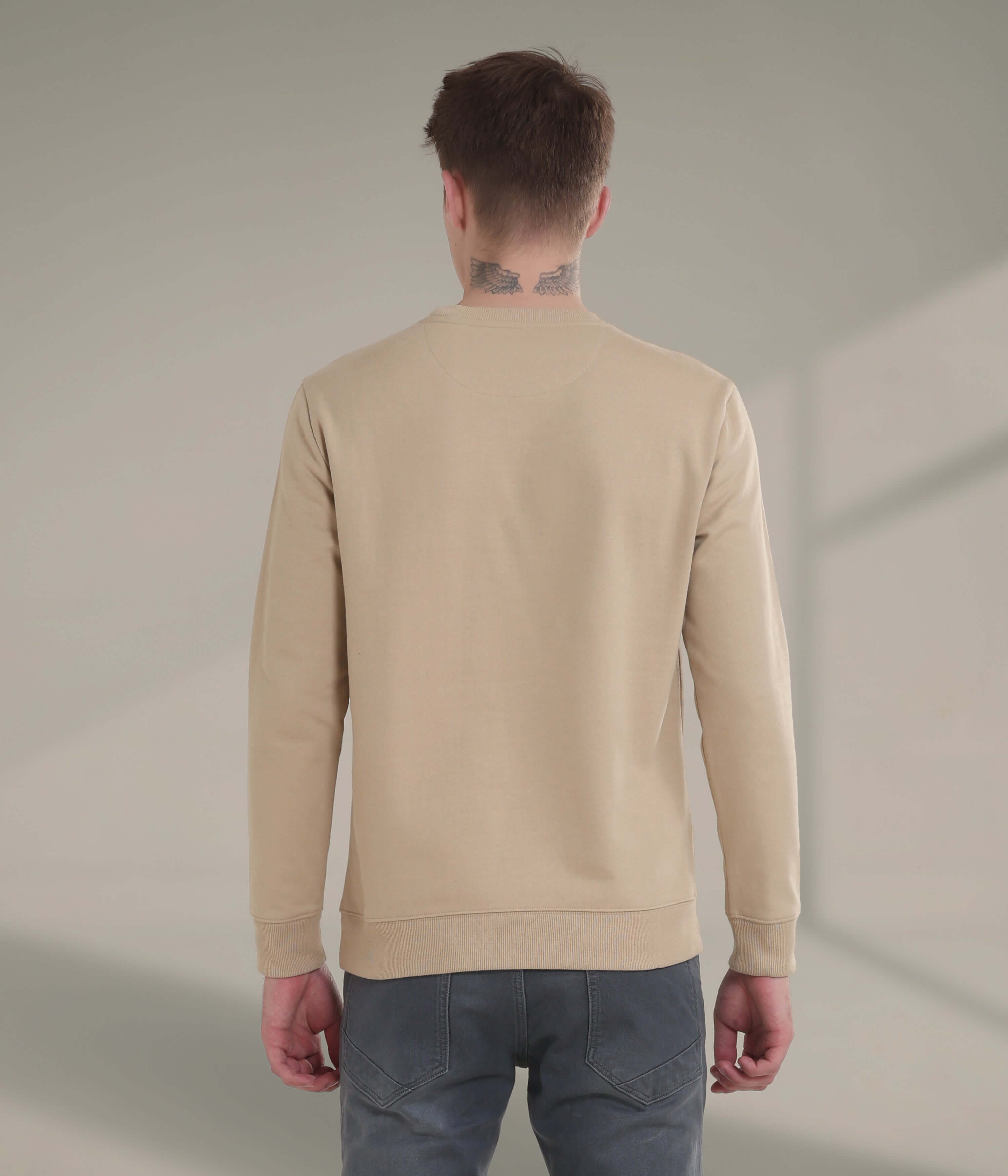 Back view of a beige waterproof and stain-proof Turms Intelligent Sweatshirt for men, showcasing its stylish design.