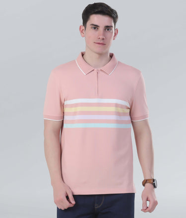 Men's pink polo shirt with stripes, featuring a zipped collar and stylish design for casual wear.
