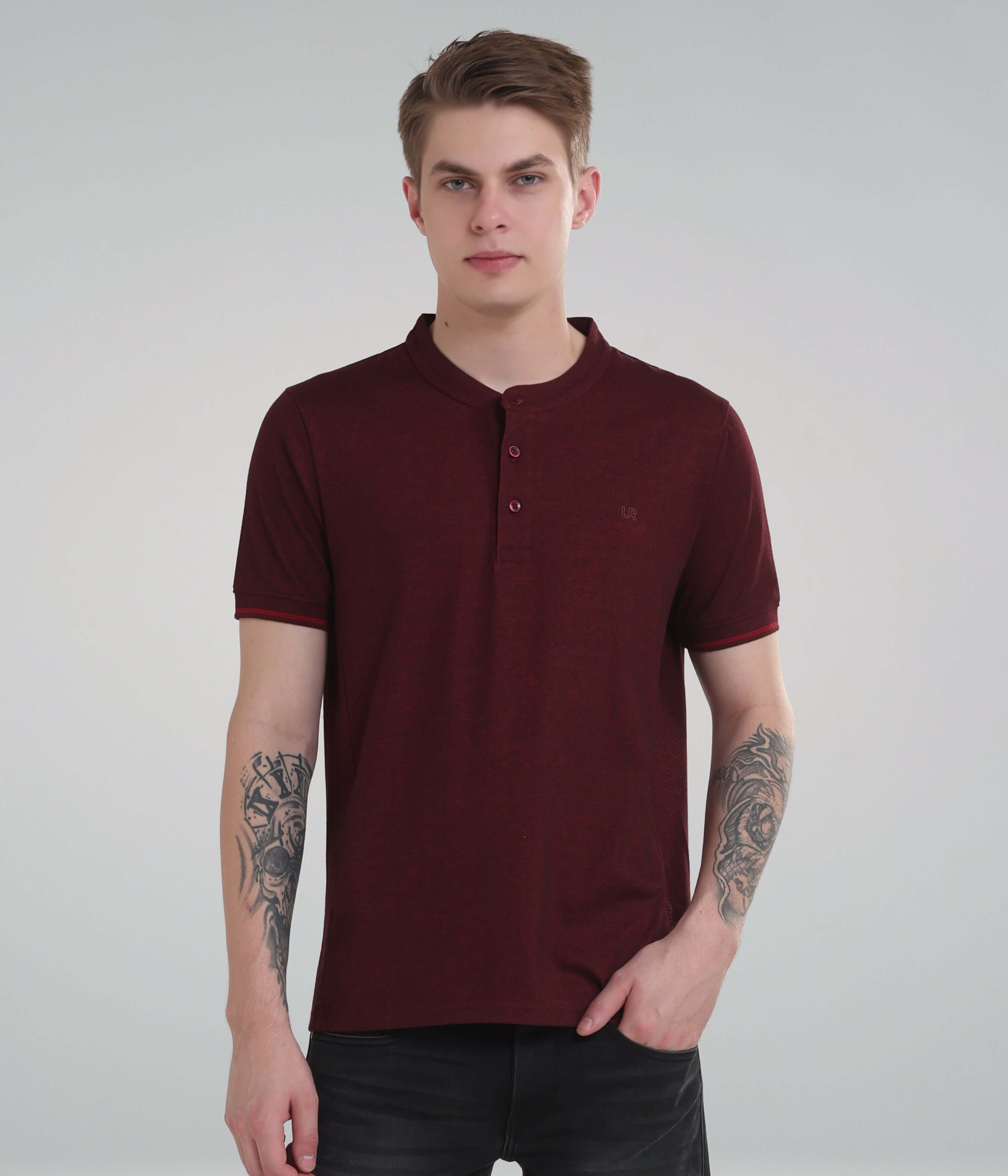 Maroon Henley collar t-shirt for men, featuring anti-odour and moisture control, perfect for stylish comfort and breathability.