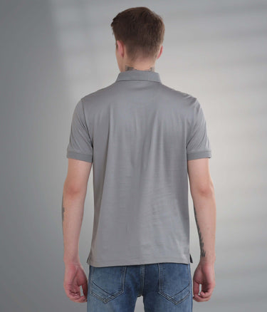 Back view of Diamond Grey polo t-shirt, showcasing its tailored fit and sleek design, ideal for water and stain resistance.