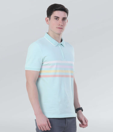 Men's blue and pastel stripe polo shirt, stylish and comfortable for casual wear, featuring premium cotton fabric.