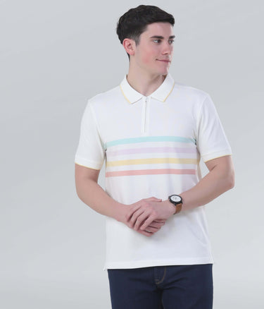 Vanilla Cream Turms polo shirt with pastel stripes, featuring a zipper and crafted from sustainable recycled cotton.