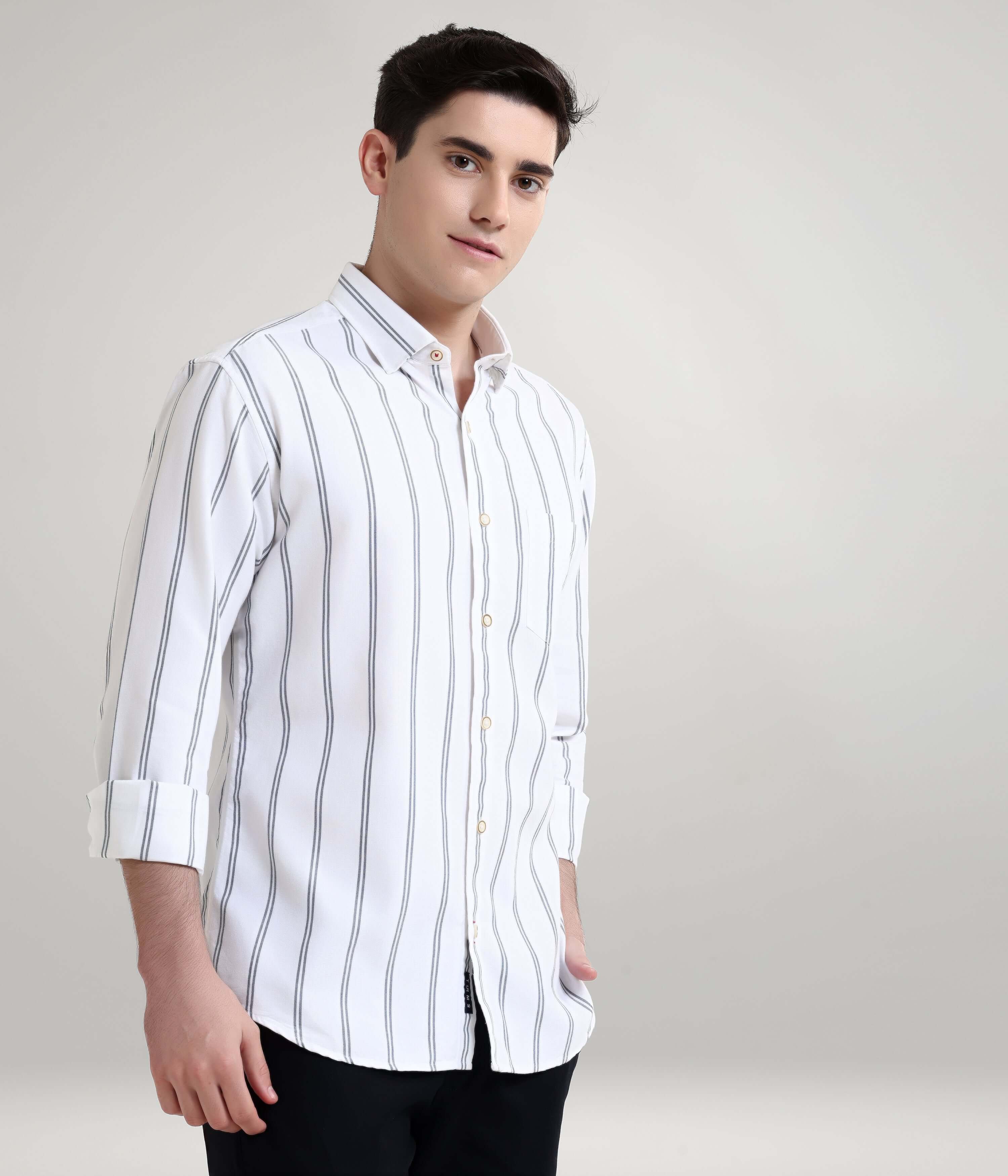 Man wearing Colada White Oxford Turms striped shirt, premium menswear, knitted anti-stain, anti-odour, stylish durability.