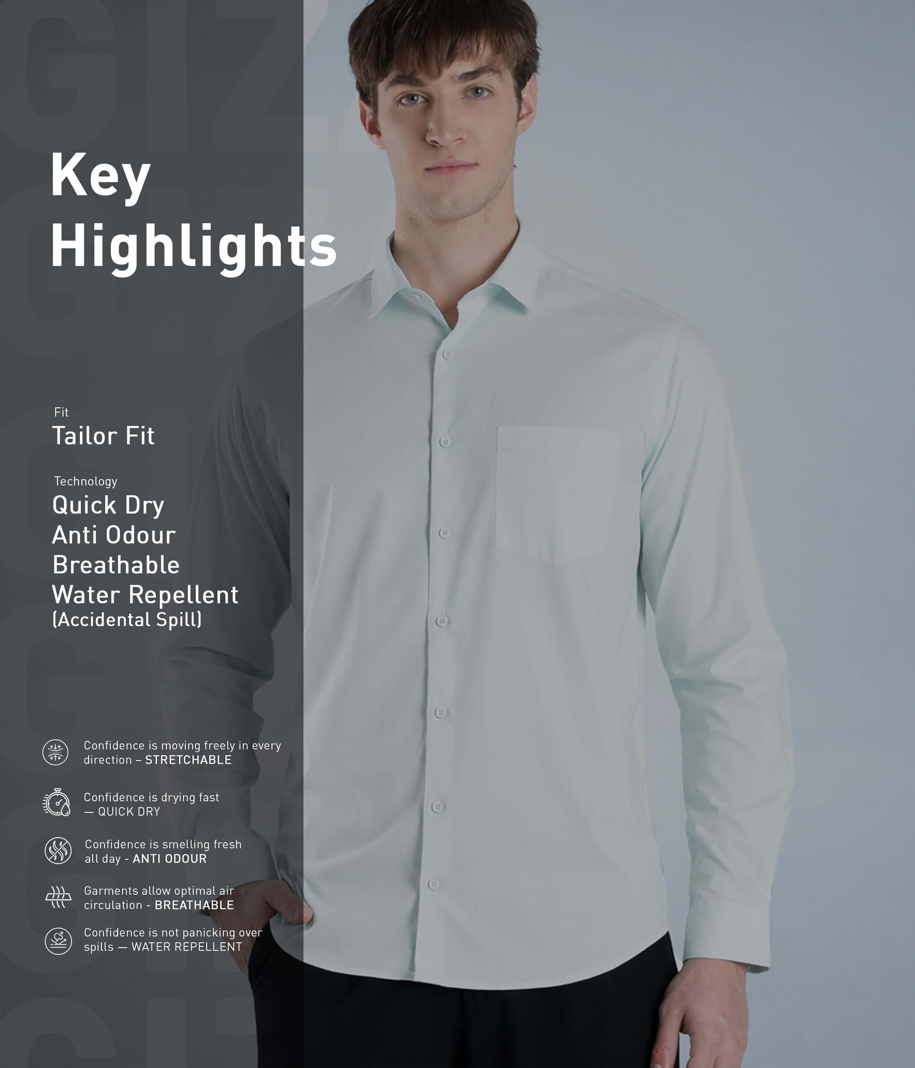 Skyblue Luxe shirt highlighting tailor fit, quick dry technology, anti-odour, breathable, and water repellent features.