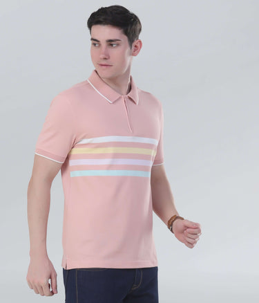 Stylish man wearing a pink striped polo shirt, showcasing comfort and trendy design for casual wear.