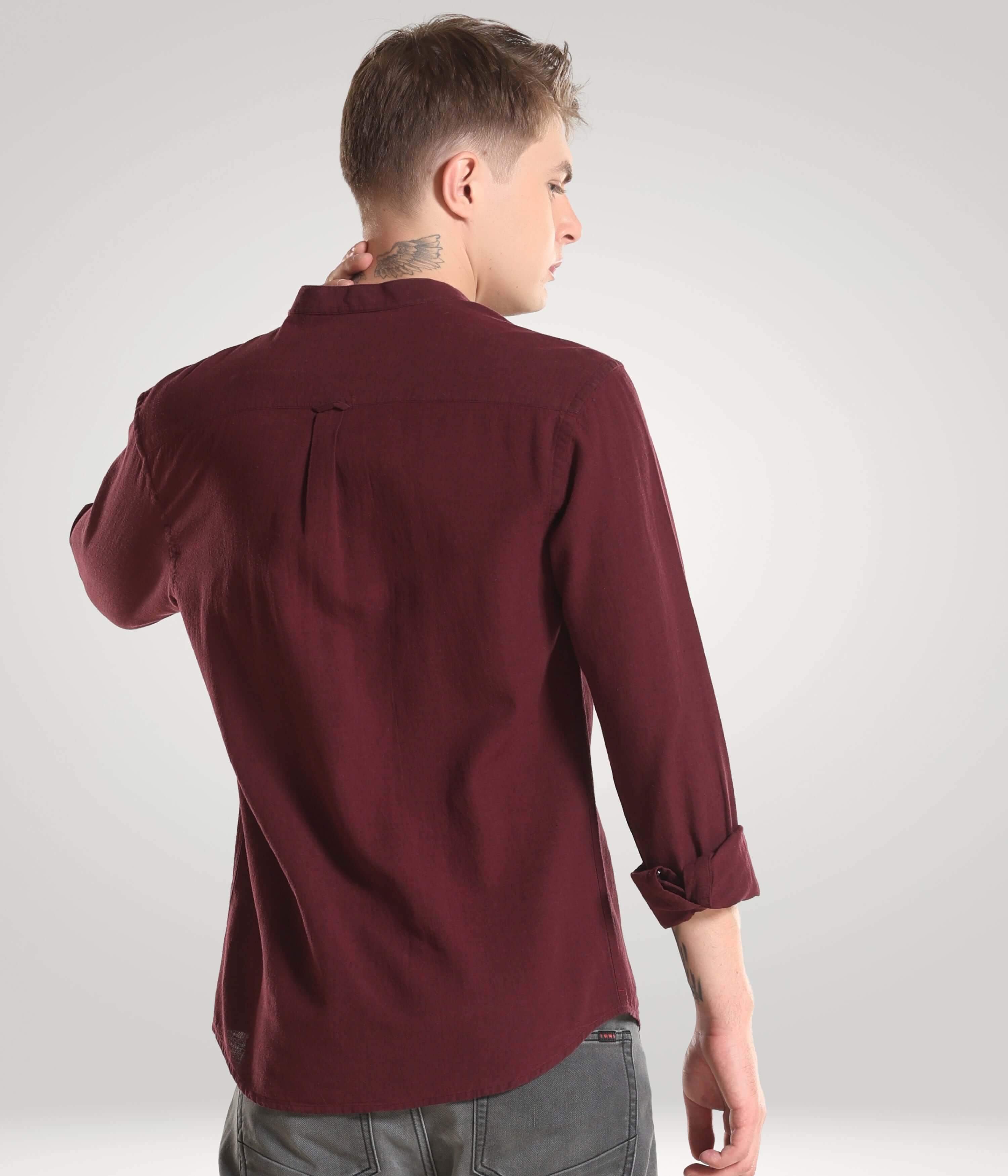 Man wearing Windsor Wine Cotton/Linen Turms shirt with premium mandarin collar, displaying back view, Cooltech, Antistain, Anti Odour.