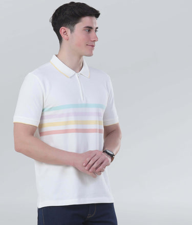Man in a stylish white polo shirt with pastel stripes, featuring a zipper and pure cotton fabric for comfort and durability.