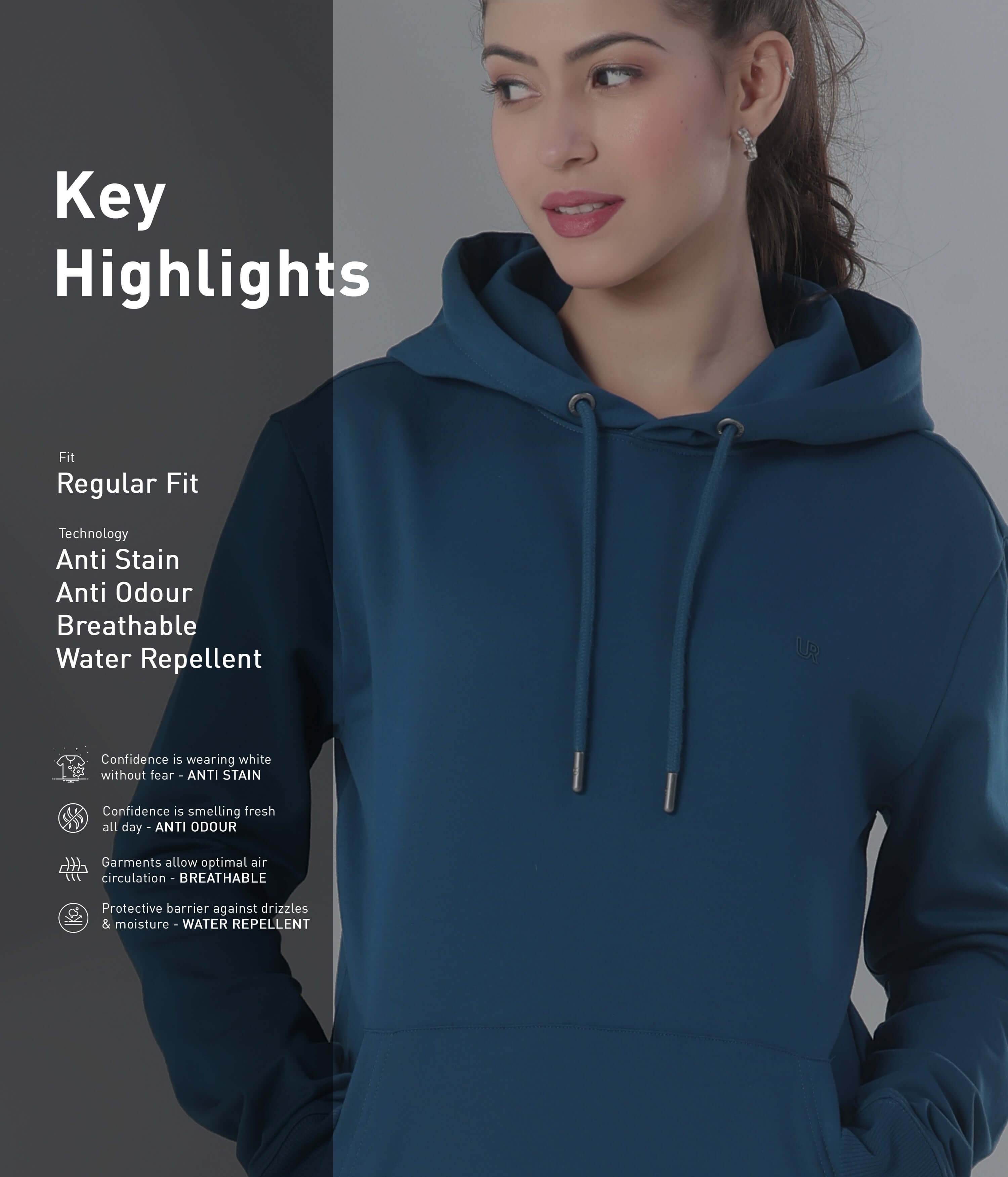 Blue Desert Turms Intelligent Hooded Sweatshirt featuring anti-stain, anti-odour, and water-repellent technology for women.