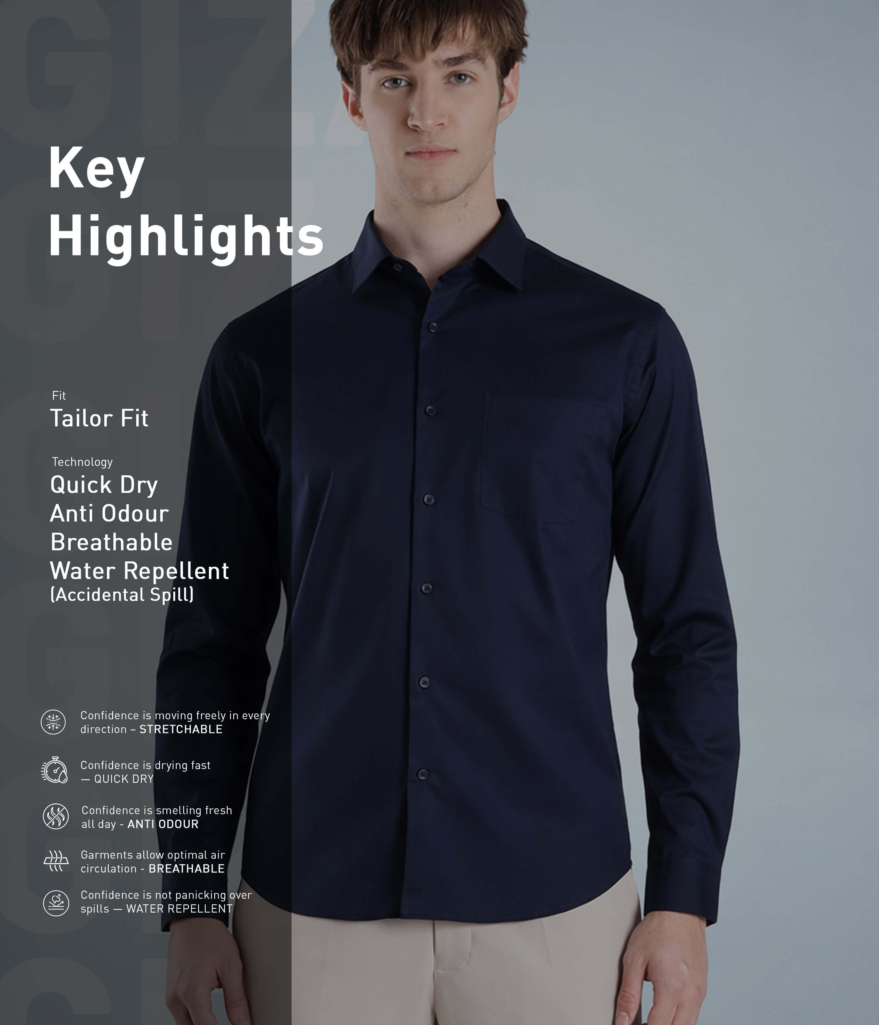 Navy Eclipse cotton Giza shirt highlighting quick dry, anti-odour, breathable, water repellent features.