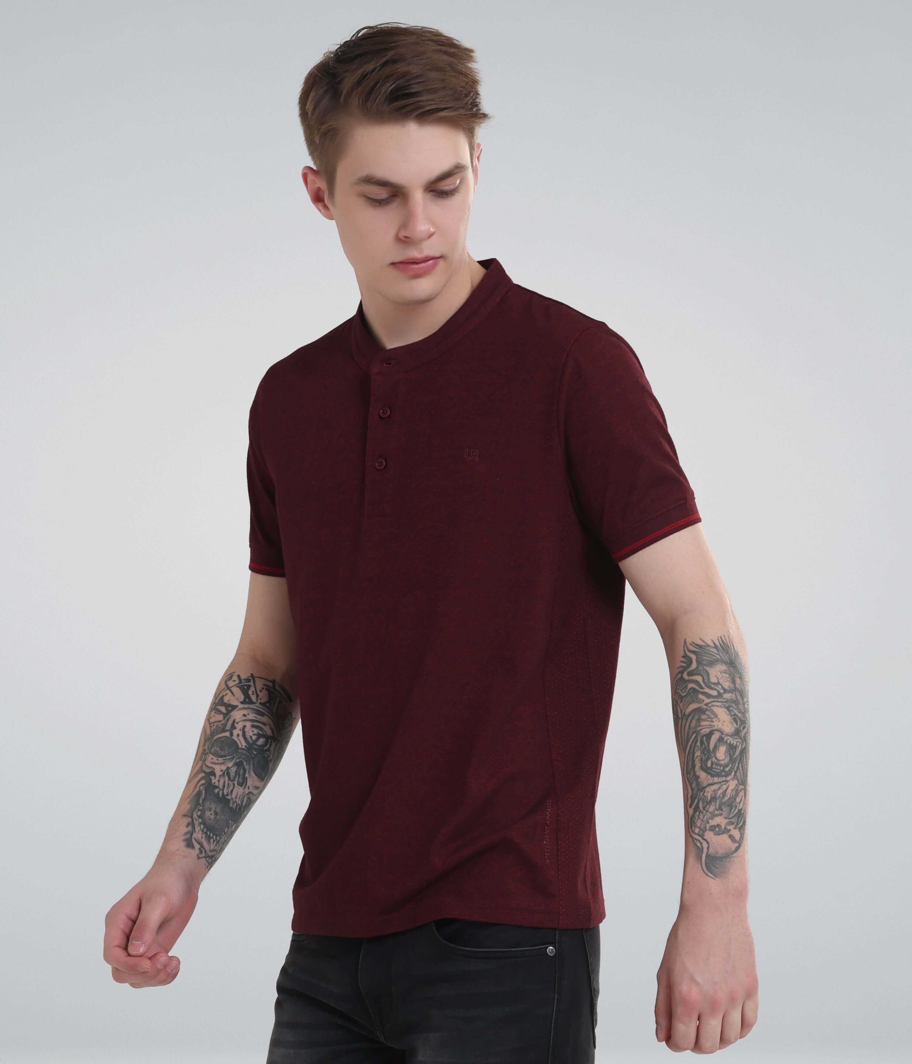 Men’s maroon Henley collar t-shirt with moisture control, ideal for comfort and style in active or casual wear.