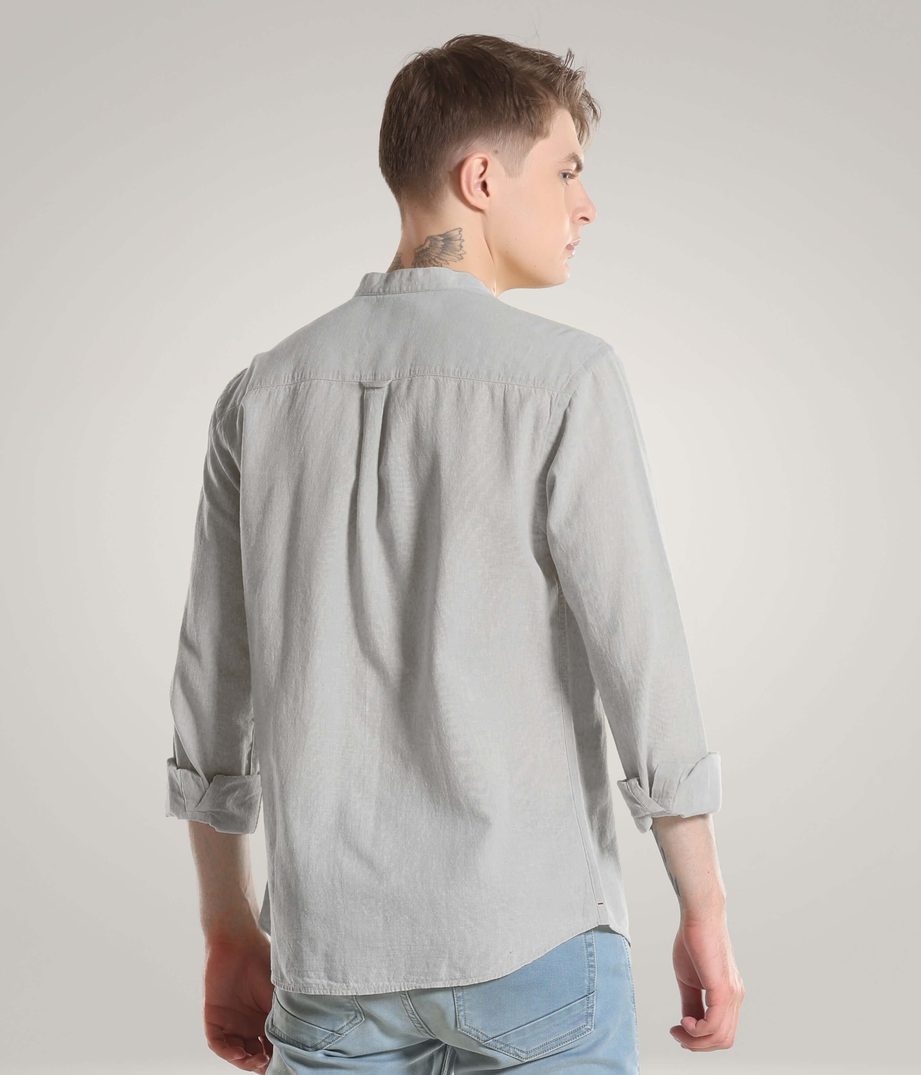 Back view of man wearing Storm Grey Turms Intelligent apparel cotton linen shirt with premium mandarin collar and meticulous stitching