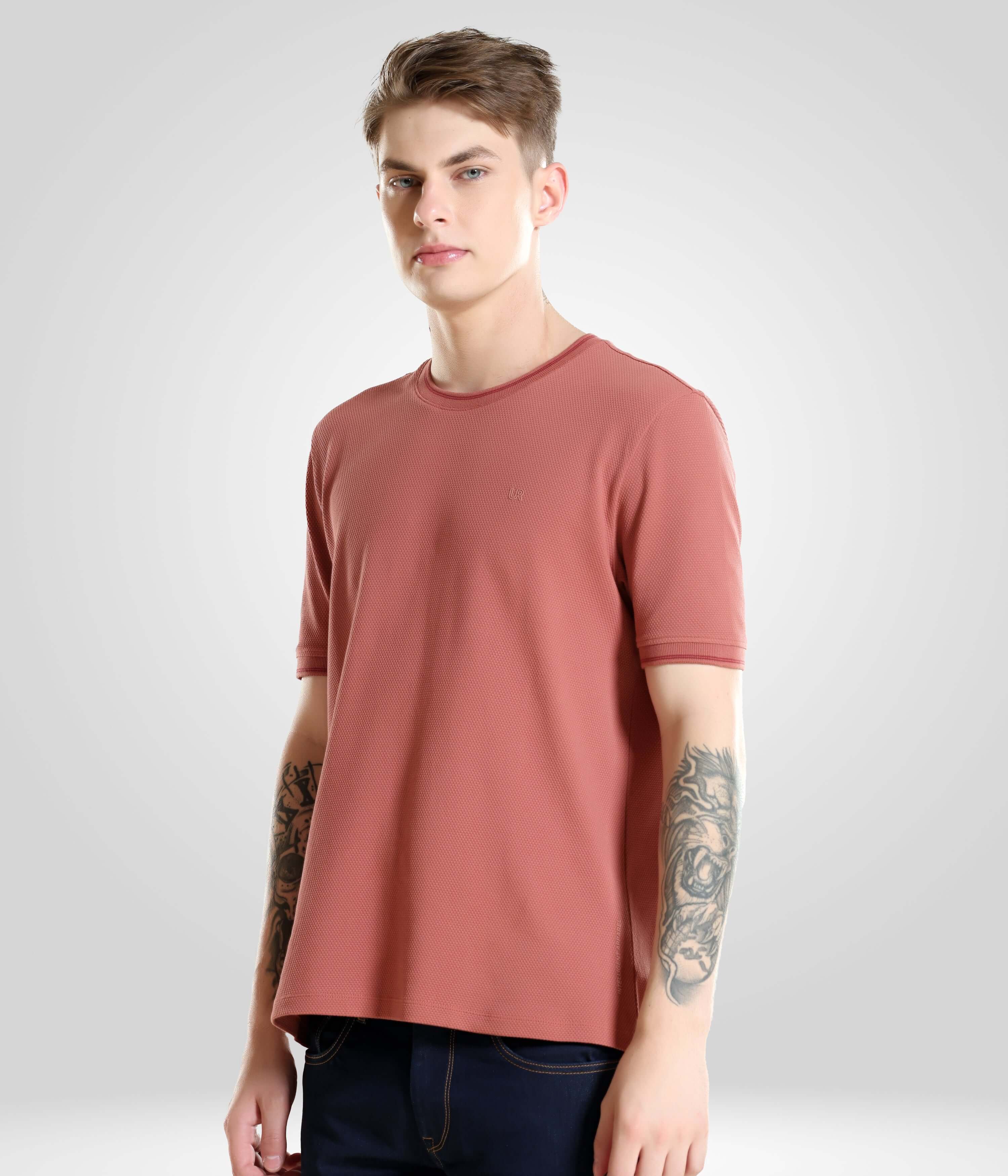 Man wearing a Vivid Brick coolant round-neck Turms T-shirt, tailored fit, premium cotton blend, menswear best brand, anti-microbial, comfort wear.