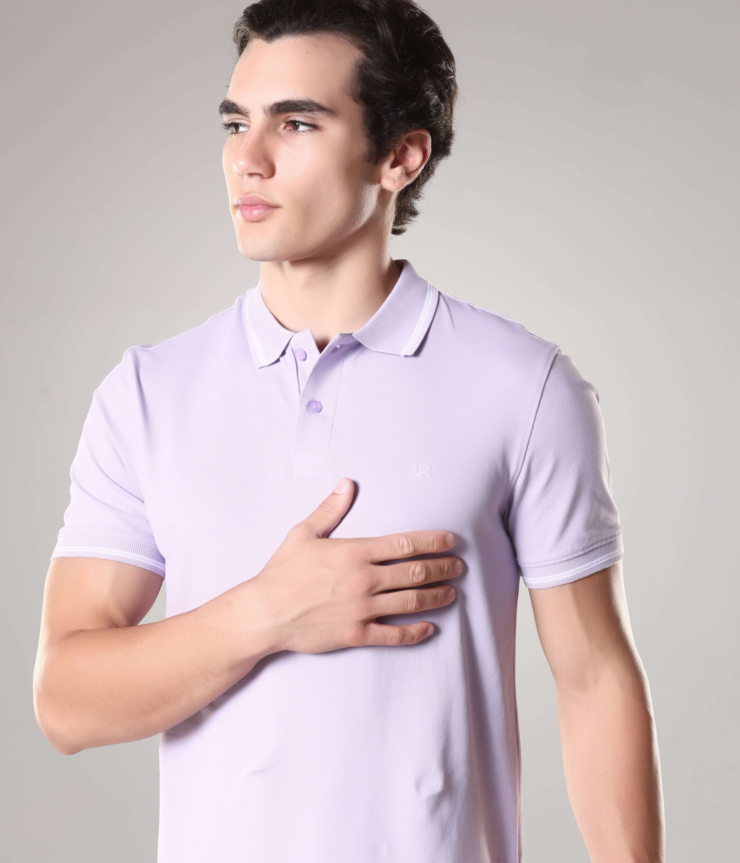 Man wearing Turms Plume Polo T-shirt tailored fit in lavender, made from 95% premium cotton and 5% spandex. Anti-stain and anti-odor intelligent apparel.