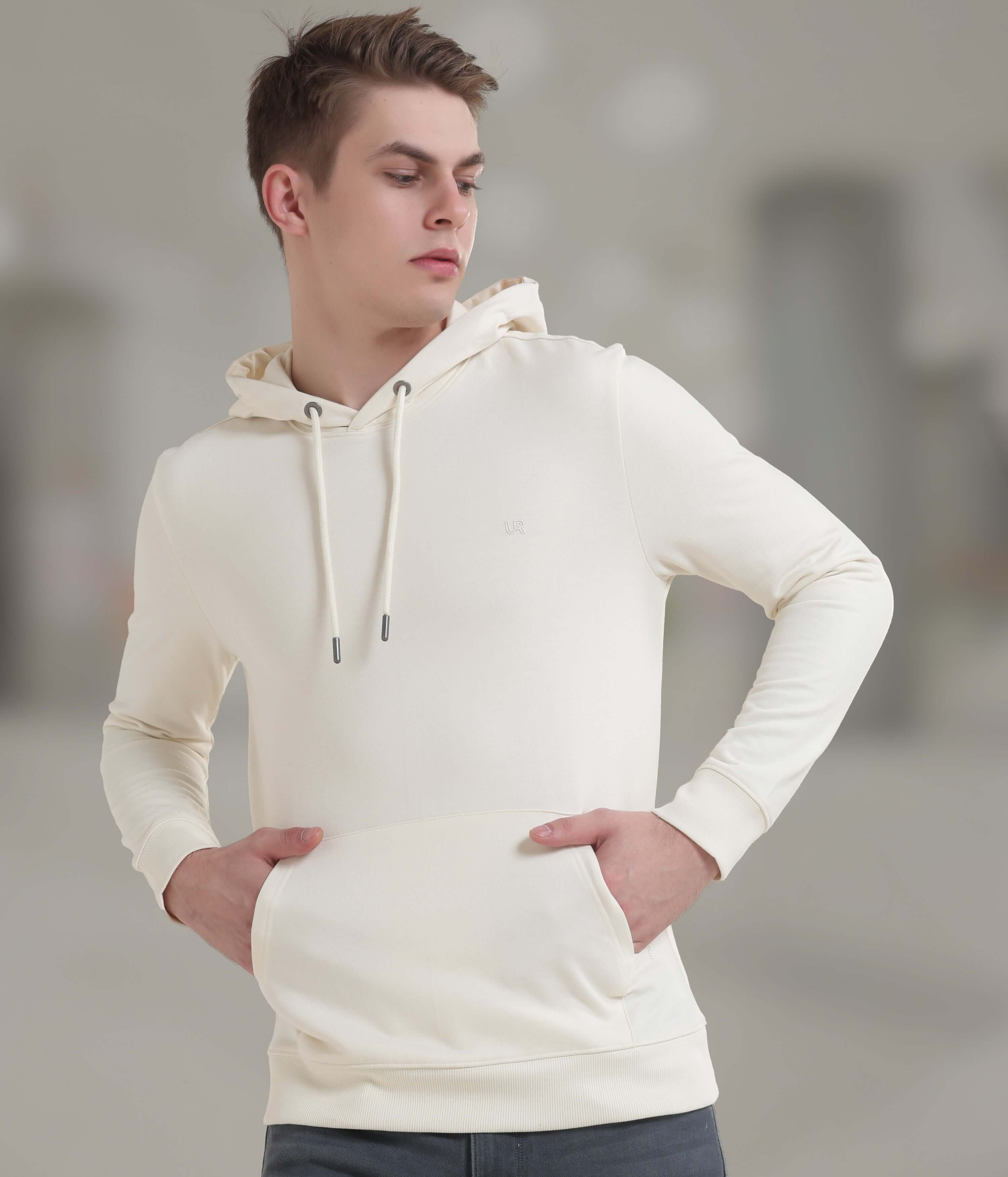 Stylish cream hooded sweatshirt, soft and durable, perfect for everyday wear and waterproof functionality.