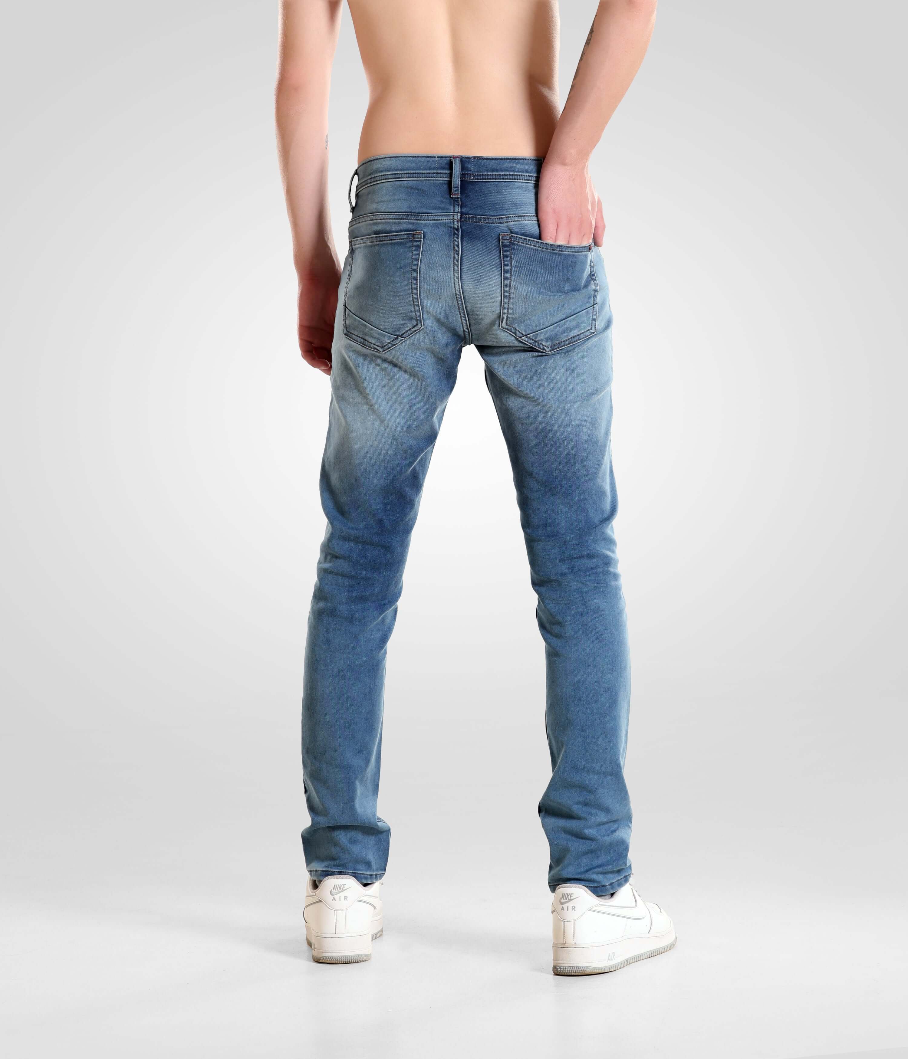 Back view of Blue Birdy high-performance denim pants for men by Turms Intelligent Apparel