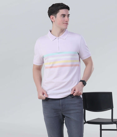Men's lavender striped polo shirt featuring a zip collar, ideal for sustainable comfort and stylish everyday wear.