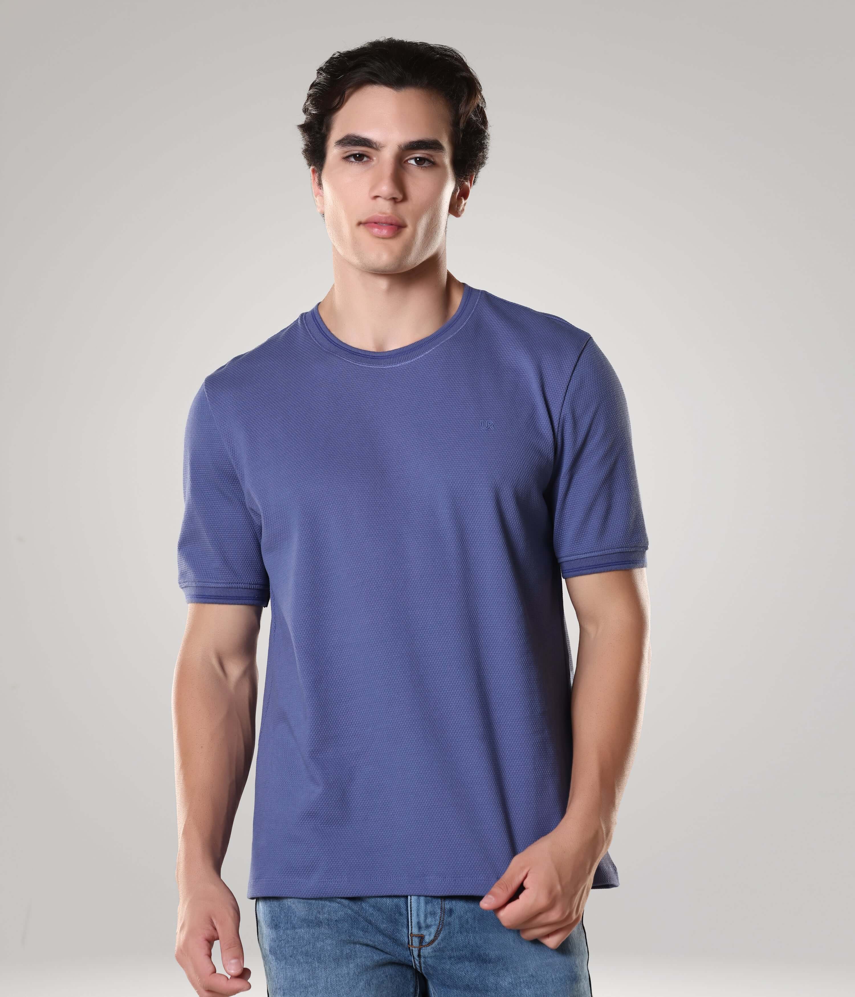 Man wearing a Blooming Orchid coolant round-neck Turms T-shirt made of premium cotton and spandex, designed for comfort, coolness, and style.