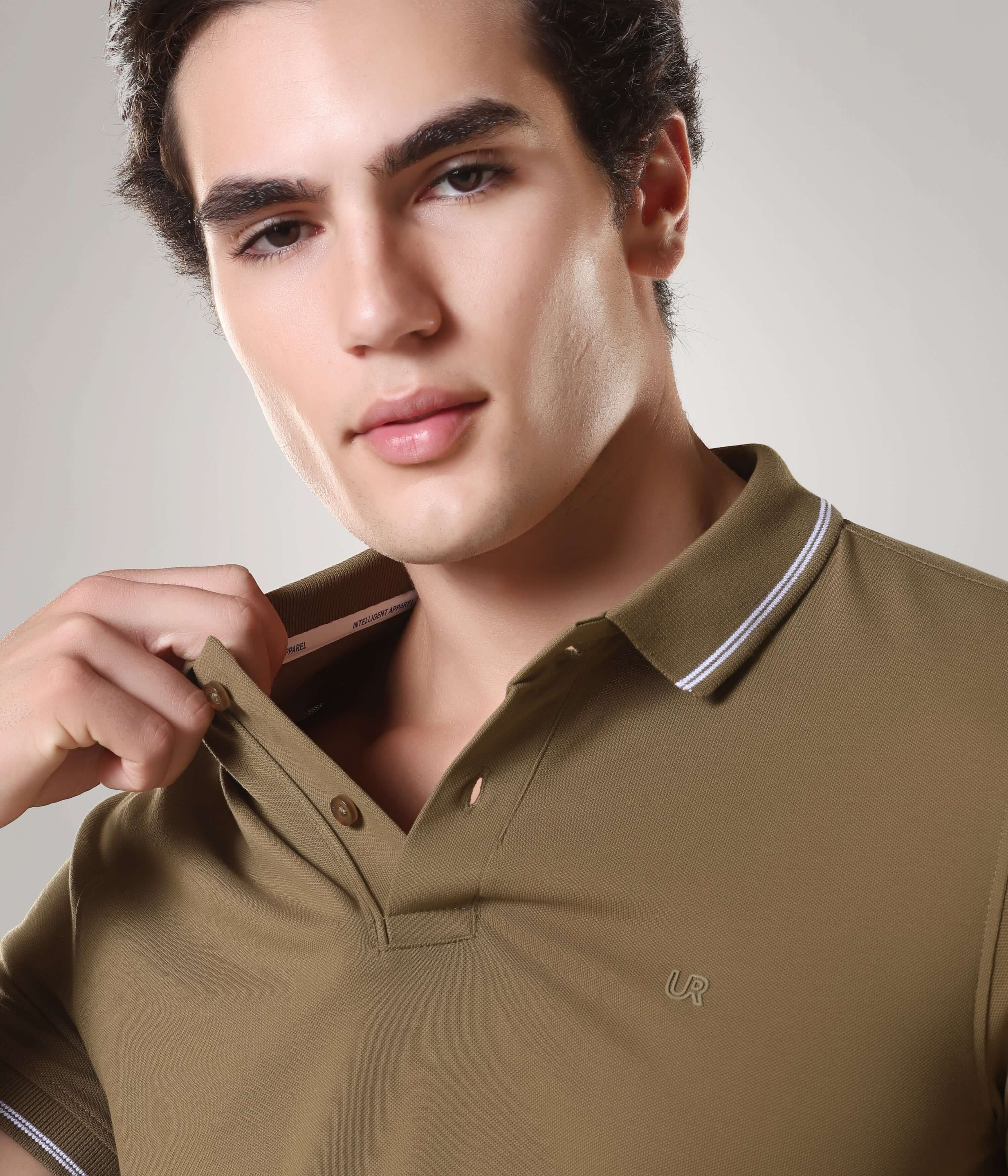 Model wearing Tranquil Green Turms Polo T-shirt with stain-proof, anti-odor, premium cotton fabric