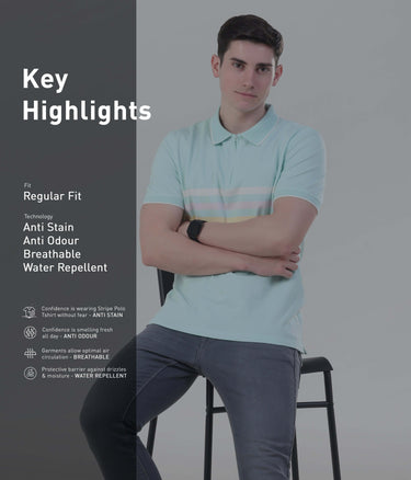 Blue Origami Polo Shirt featuring anti stain, anti odour, breathable, and water repellent technology for everyday style.