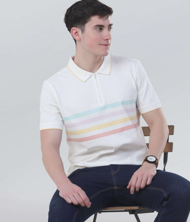 Man wearing Vanilla Cream Turms Zipper Polo shirt with pastel stripes, featuring anti-odour and water-repellent tech.
