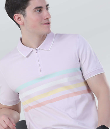 Lavender Breeze polo shirt featuring a zippered collar and pastel striped design for a casual, stylish look.