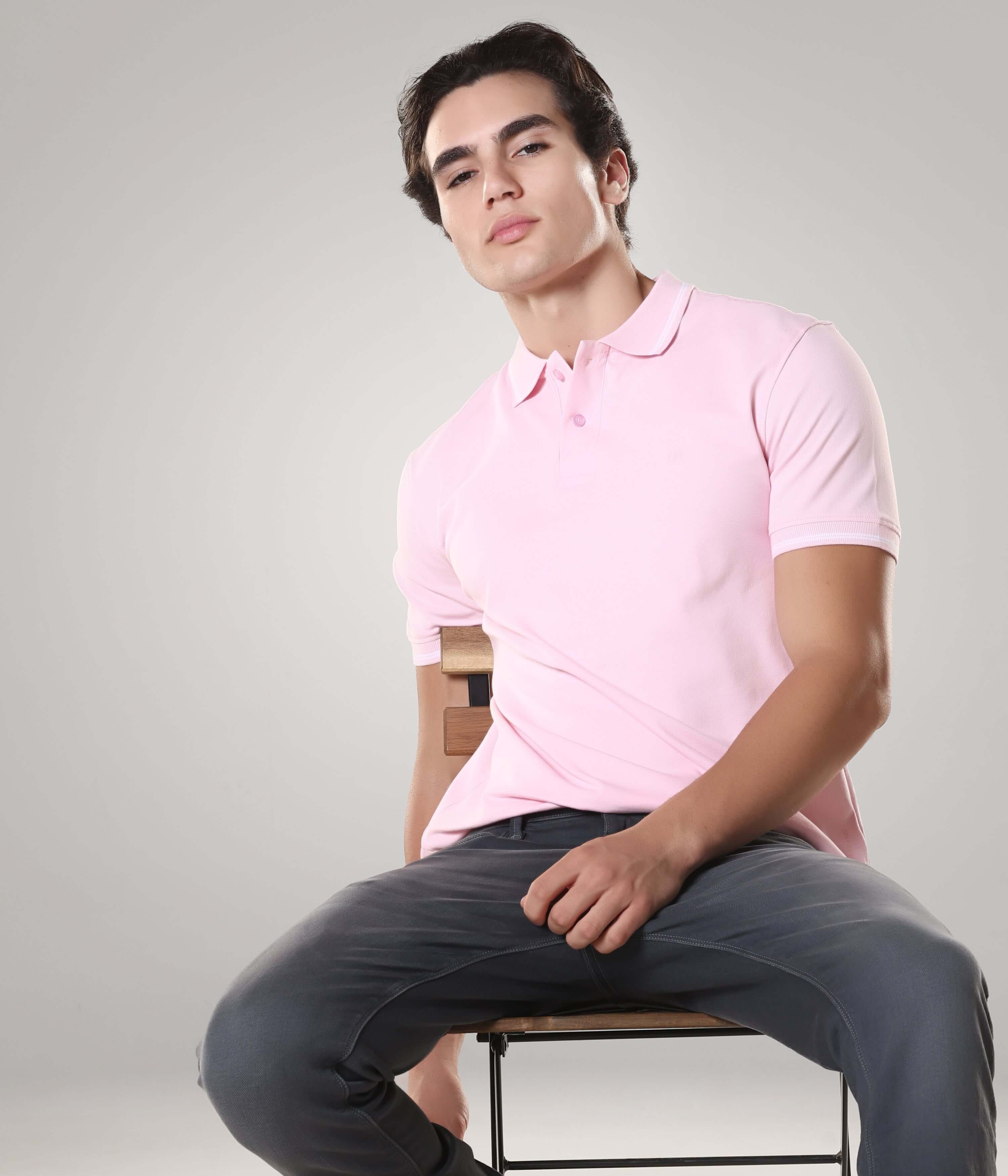 Turms pink polo T-shirt for men, anti stain, anti odor, tailored fit, 95% premium cotton, 5% spandex, intelligent apparel.